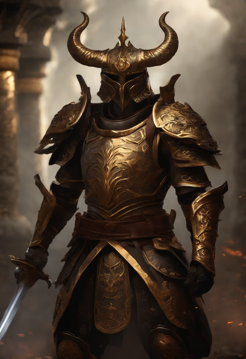 warrior, concept-art, author：Kishiganku, Fantasy art, Zen temple background, clean render, a horned, Wear a set of armor, Detailed bushido form smoke, helmet of a forgotten deity, character is standing, 8k Realistic, in game render, detailed face background detail, Art station front page, taur, Pseudo-medieval fantasy, A deity wearing koi armor, detailed bronze armor, Bronze armor, golden etched armor, gold obsidian armor, Light gold armor, Gorgeous filigree armor, A demonic warrior, Gorgeous armor full of thorns, Intricate assasin armor, Intricate metal armor, powerful warrior, Dressed in gorgeous golden armor，Decorated with intricate patterns, The helmet has a large crown and two horns, Everything is in the dark, The smoky background alludes to battle scenes, Add an ominous aura to his character，Huge demon wings of demons，submission, Full body shot.