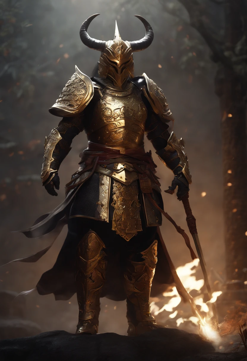 warrior, concept-art, author:Kishiganku, Fantasy art, Zen temple background, clean render, a horned, Wear a set of armor, Detailed bushido form smoke, helmet of a forgotten deity, character is standing, 8k Realistic, in game render, detailed face background detail, Art station front page, taur, Pseudo-medieval fantasy, A deity wearing koi armor, detailed bronze armor, Bronze armor, golden etched armor, gold obsidian armor, Light gold armor, Gorgeous filigree armor, A demonic warrior, Gorgeous armor full of thorns, Intricate assasin armor, Intricate metal armor, powerful warrior, Dressed in gorgeous golden armor,Decorated with intricate patterns, The helmet has a large crown and two horns, Everything is in the dark, The smoky background alludes to battle scenes, Add an ominous aura to his character,Huge demon wings of demons,submission, Full body shot.
