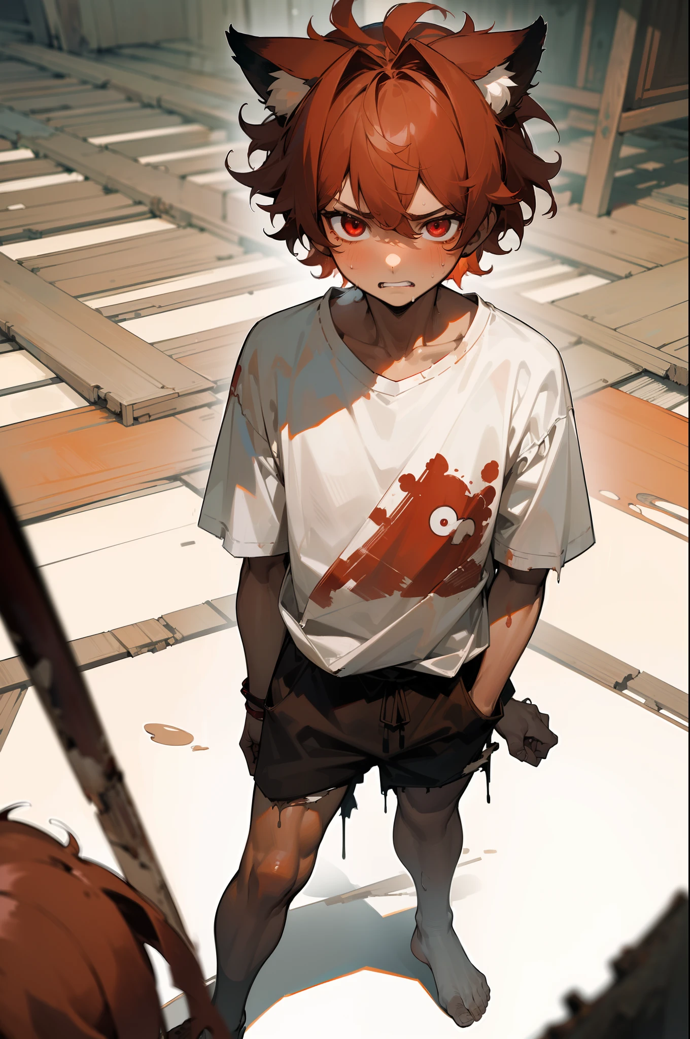 ((Masterpiece)),1boy,brown skin,4years old, (Cute beautiful boy, beautiful red eyes)、details of Very messy medium hair、((dirty and very torn white-shirt))、angry face, sweaty、fox ears, Pale red hair, ((standing with legs spread wide, asian Slum townscape))