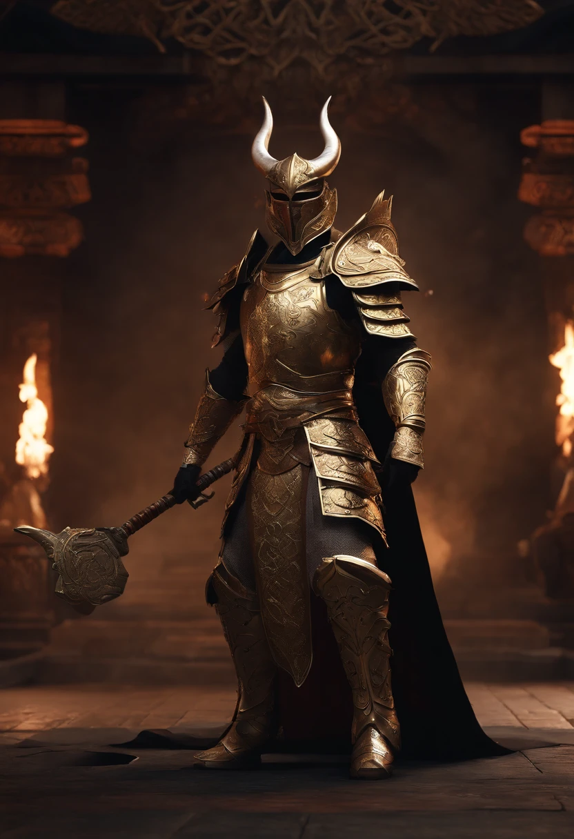 warrior, concept-art, author:Kishiganku, Fantasy art, Zen temple background, clean render, a horned, Wear a set of armor, Detailed bushido form smoke, helmet of a forgotten deity, character is standing, 8k Realistic, in game render, detailed face background detail, Art station front page, taur, Pseudo-medieval fantasy, A deity wearing koi armor, detailed bronze armor, Bronze armor, golden etched armor, gold obsidian armor, Light gold armor, Gorgeous filigree armor, A demonic warrior, Gorgeous armor full of thorns, Intricate assasin armor, Intricate metal armor, powerful warrior, Dressed in gorgeous golden armor,Decorated with intricate patterns, The helmet has a large crown and two horns, Everything is in the dark, The smoky background alludes to battle scenes, Add an ominous aura to his character,Huge demon wings of demons,submission, Full body shot.