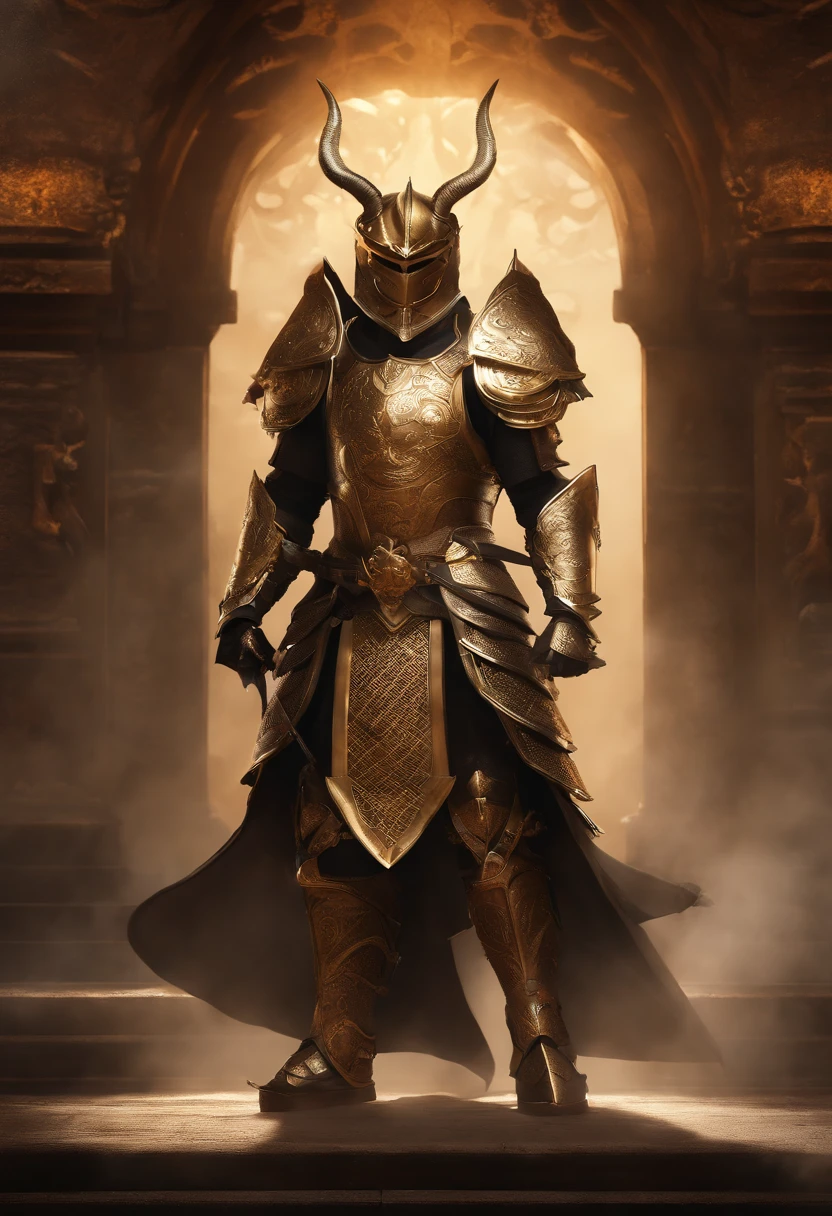 warrior, concept-art, author:Kishiganku, Fantasy art, Zen temple background, clean render, a horned, Wear a set of armor, Detailed bushido form smoke, helmet of a forgotten deity, character is standing, 8k Realistic, in game render, detailed face background detail, Art station front page, taur, Pseudo-medieval fantasy, A deity wearing koi armor, detailed bronze armor, Bronze armor, golden etched armor, gold obsidian armor, Light gold armor, Gorgeous filigree armor, A demonic warrior, Gorgeous armor full of thorns, Intricate assasin armor, Intricate metal armor, powerful warrior, Dressed in gorgeous golden armor,Decorated with intricate patterns, The helmet has a large crown and two horns, Everything is in the dark, The smoky background alludes to battle scenes, Add an ominous aura to his character,Huge demon wings of demons,submission, Full body shot.