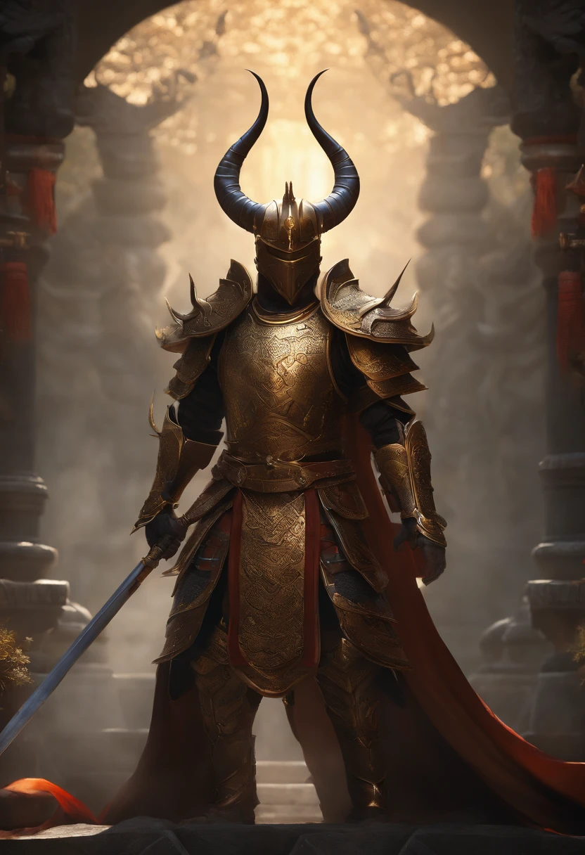 warrior, concept-art, author:Kishiganku, Fantasy art, Zen temple background, clean render, a horned, Wear a set of armor, Detailed bushido form smoke, helmet of a forgotten deity, character is standing, 8k Realistic, in game render, detailed face background detail, Art station front page, taur, Pseudo-medieval fantasy, A deity wearing koi armor, detailed bronze armor, Bronze armor, golden etched armor, gold obsidian armor, Light gold armor, Gorgeous filigree armor, A demonic warrior, Gorgeous armor full of thorns, Intricate assasin armor, Intricate metal armor, powerful warrior, Dressed in gorgeous golden armor,Decorated with intricate patterns, The helmet has a large crown and two horns, Everything is in the dark, The smoky background alludes to battle scenes, Add an ominous aura to his character,Huge demon wings of demons,submission, Full body shot.