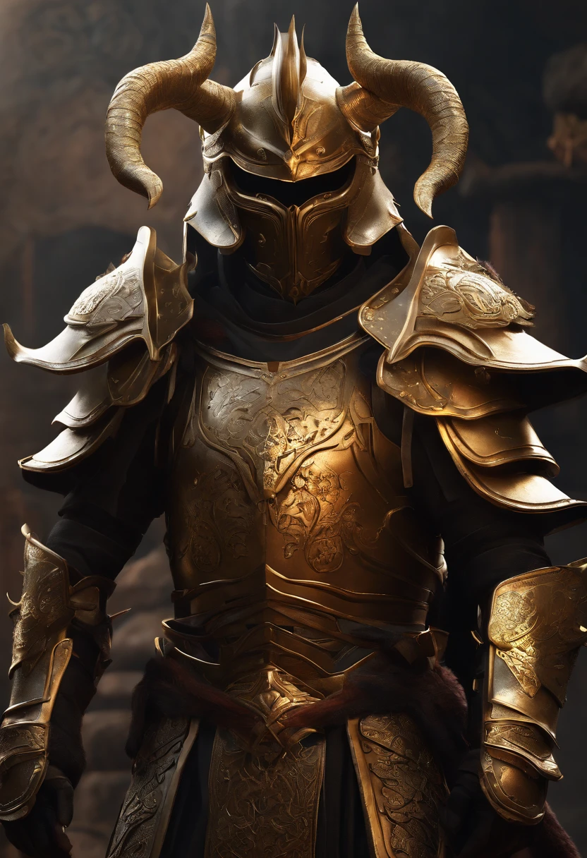 warrior, concept-art, author：Kishiganku, Fantasy art, Zen temple background, clean render, a horned, Wear a set of armor, Detailed bushido form smoke, helmet of a forgotten deity, character is standing, 8k Realistic, in game render, detailed face background detail, Art station front page, taur, Pseudo-medieval fantasy, A deity wearing koi armor, detailed bronze armor, Bronze armor, golden etched armor, gold obsidian armor, Light gold armor, Gorgeous filigree armor, A demonic warrior, Gorgeous armor full of thorns, Intricate assasin armor, Intricate metal armor, powerful warrior, Dressed in gorgeous golden armor，Decorated with intricate patterns, The helmet has a large crown and two horns, Everything is in the dark, The smoky background alludes to battle scenes, Add an ominous aura to his character，Huge demon wings of demons，submission, Full body shot.