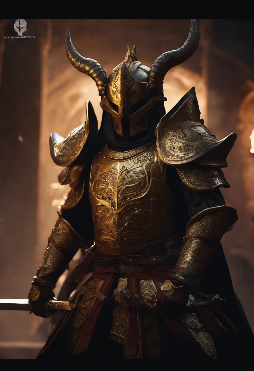 warrior, concept-art, author：Kishiganku, Fantasy art, Zen temple background, clean render, a horned, Wear a set of armor, Detailed bushido form smoke, helmet of a forgotten deity, character is standing, 8k Realistic, in game render, detailed face background detail, Art station front page, taur, Pseudo-medieval fantasy, A deity wearing koi armor, detailed bronze armor, Bronze armor, golden etched armor, gold obsidian armor, Light gold armor, Gorgeous filigree armor, A demonic warrior, Gorgeous armor full of thorns, Intricate assasin armor, Intricate metal armor, powerful warrior, Dressed in gorgeous golden armor，Decorated with intricate patterns, The helmet has a large crown and two horns, Everything is in the dark, The smoky background alludes to battle scenes, Add an ominous aura to his character，Huge demon wings of demons，submission, Full body shot.