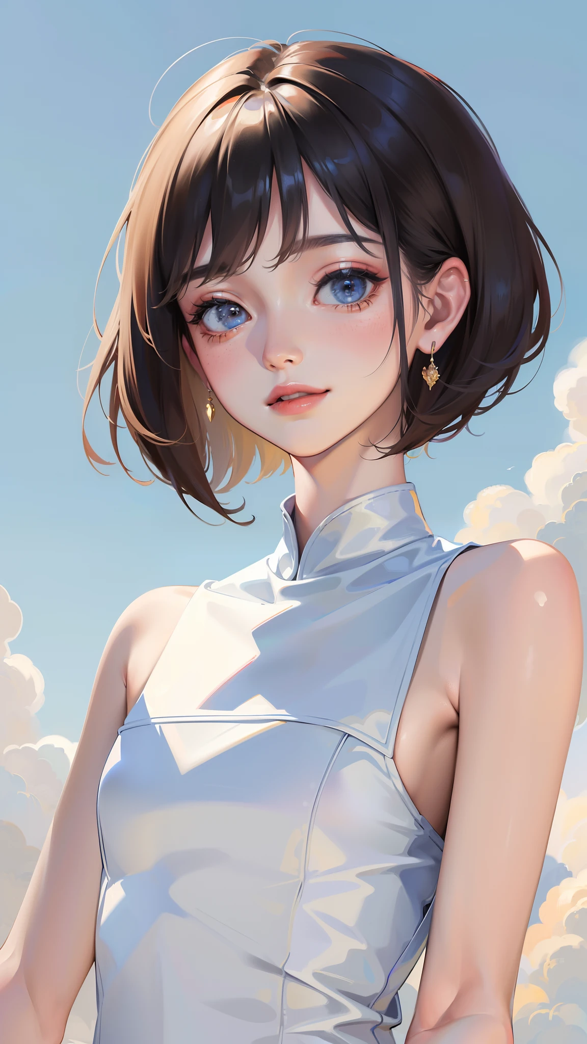 (masterpiece, top quality, best quality, official art, beautiful and aesthetic:1.3,photorealistic:1.4,), cute:1:4, ,
, qiqidef, upper body, smile, blush, outdoors, day, simple background, blue sky, short hair,slim body