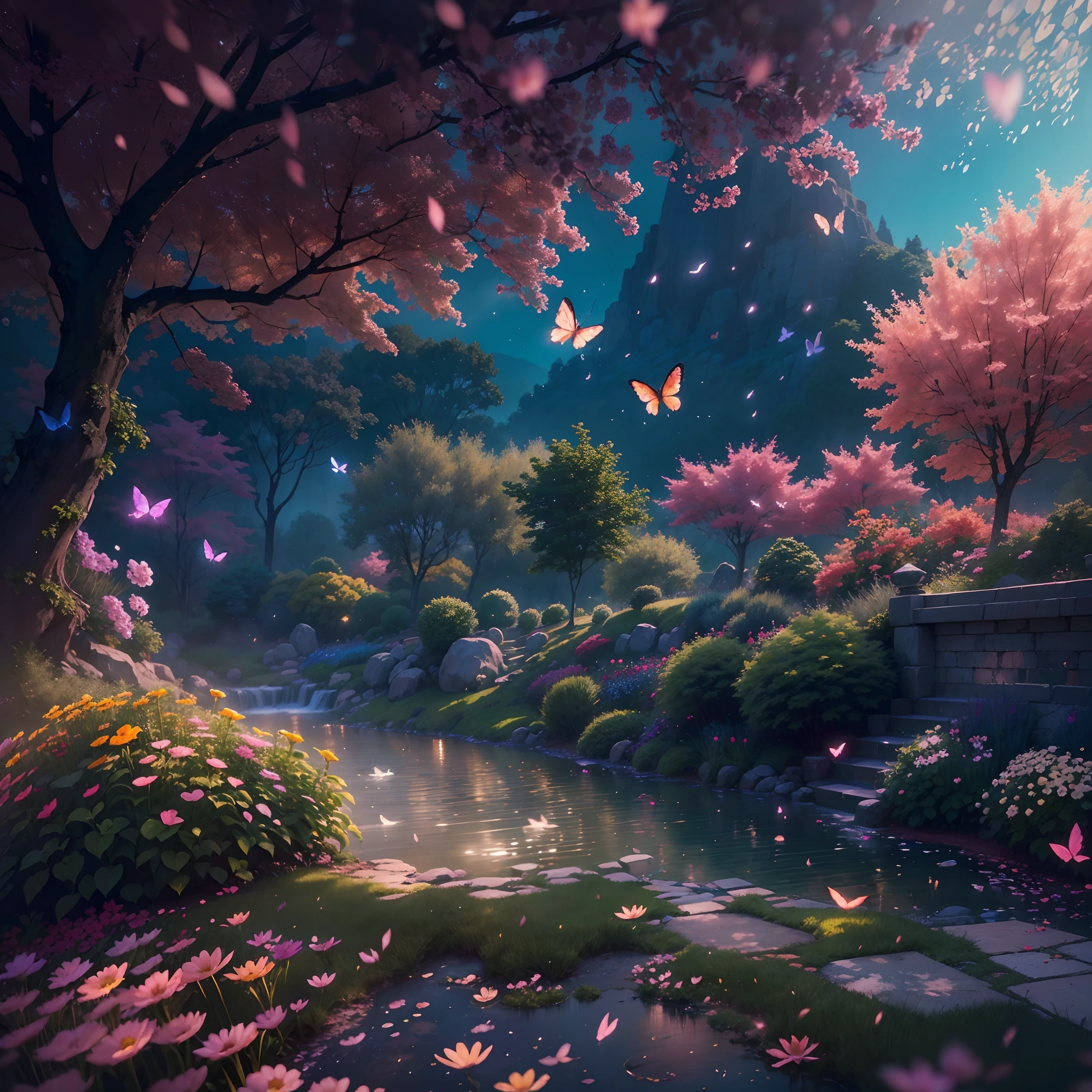 nigth,mont,Rose garden,Colorful flowers,Butterflies dancing,painting-like,Ethereal atmosphere,Vibrant colors,Mist,the cherry trees,cinematic compositions,dream magical,hoang lap,Particle effect,Skysky,the space,starrysky,Skysky,galaxias,depth of fields,Light,Reallightandshadow,diffused reflections,waterfallr,Dreamy and whimsical,Peaceful and charming,vibrant with colors,painting coming to life,Totally mesmerizing and fascinating,Simply breathtaking.(Best quality,4K,8K,A high resolution,Masterpiece:1.2),Ultra-detailed,(Realistic,Photorealistic,photo-realistic:1.37),