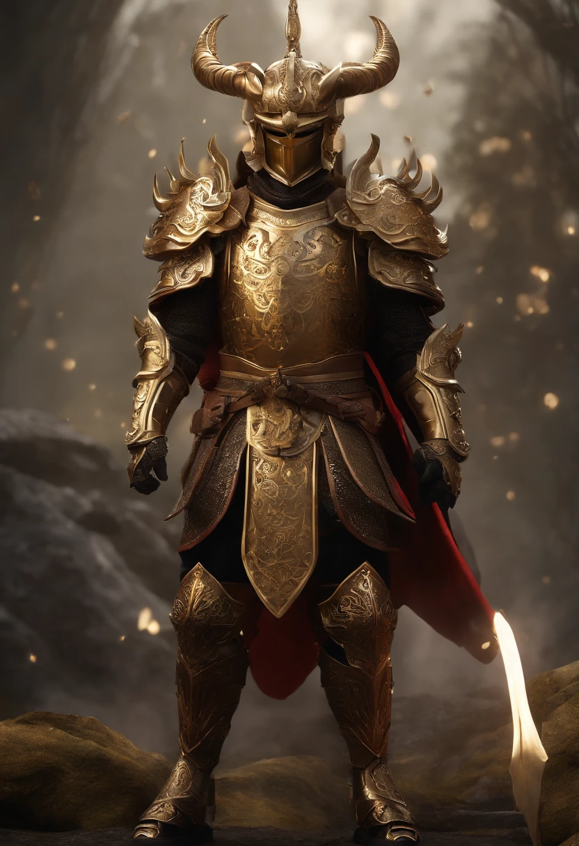 warrior, concept-art, author：Kishiganku, Fantasy art, Zen temple background, clean render, a horned, Wear a set of armor, Detailed bushido form smoke, helmet of a forgotten deity, character is standing, 8k Realistic, in game render, detailed face background detail, Art station front page, taur, Pseudo-medieval fantasy, A deity wearing koi armor, detailed bronze armor, Bronze armor, golden etched armor, gold obsidian armor, Light gold armor, Gorgeous filigree armor, A demonic warrior, Gorgeous armor full of thorns, Intricate assasin armor, Intricate metal armor, powerful warrior, Dressed in gorgeous golden armor，Decorated with intricate patterns, The helmet has a large crown and two horns, Everything is in the dark, The smoky background alludes to battle scenes, Add an ominous aura to his character，Huge demon wings of demons，submission, Full body shot.