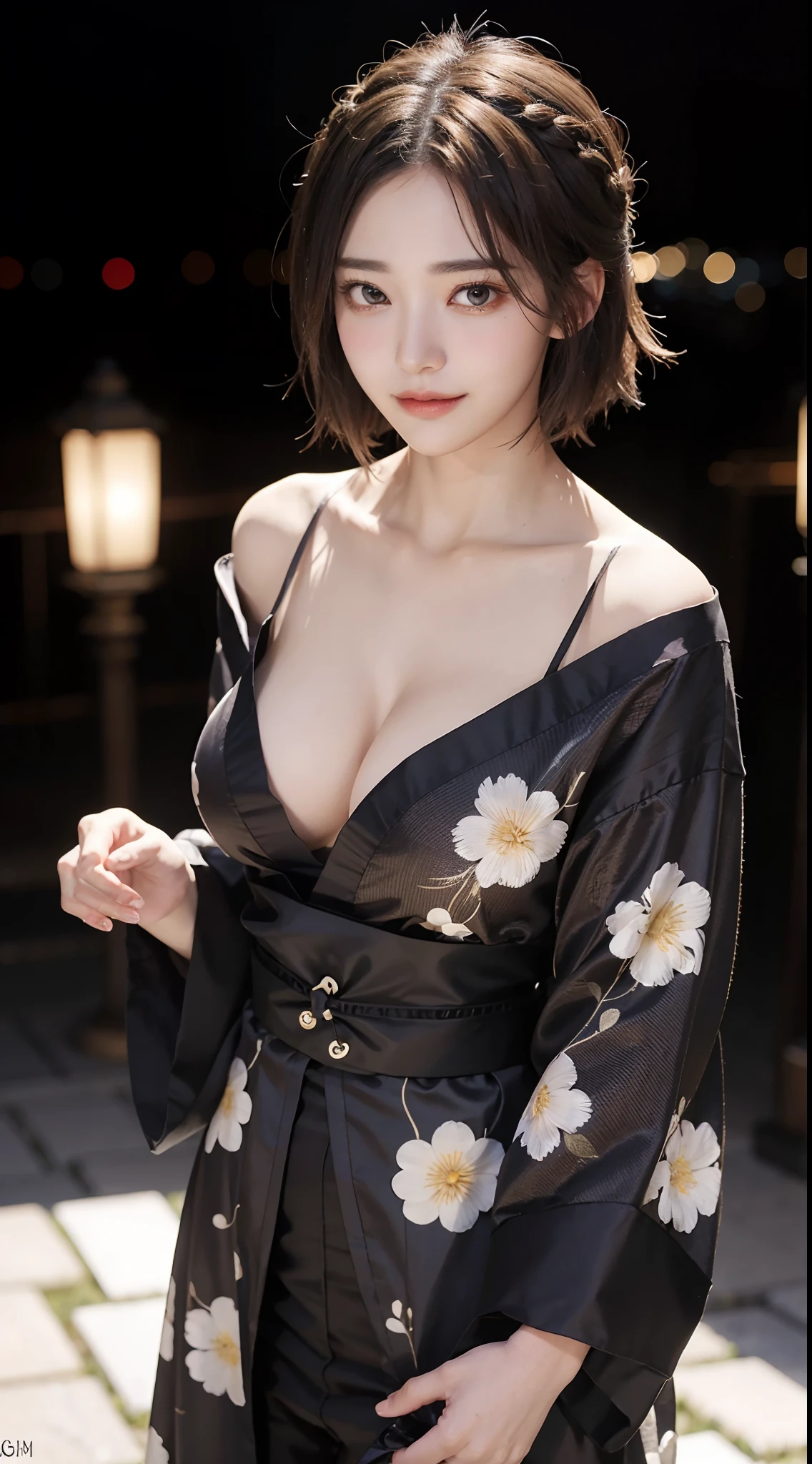 1, Realistic, raw, masutepiece, 8K Photorealistic, Brown hair, wind blown hair, Black kimono, Big Breast, Detailed finger, Detailed face, Natural Skin Texture, Standing, Night, Lantern background、A smile、short-hair、Standing like a model、Facing the front、Loose and fluffy hair、Permed hair、Emphasize cleavage、Floral costume