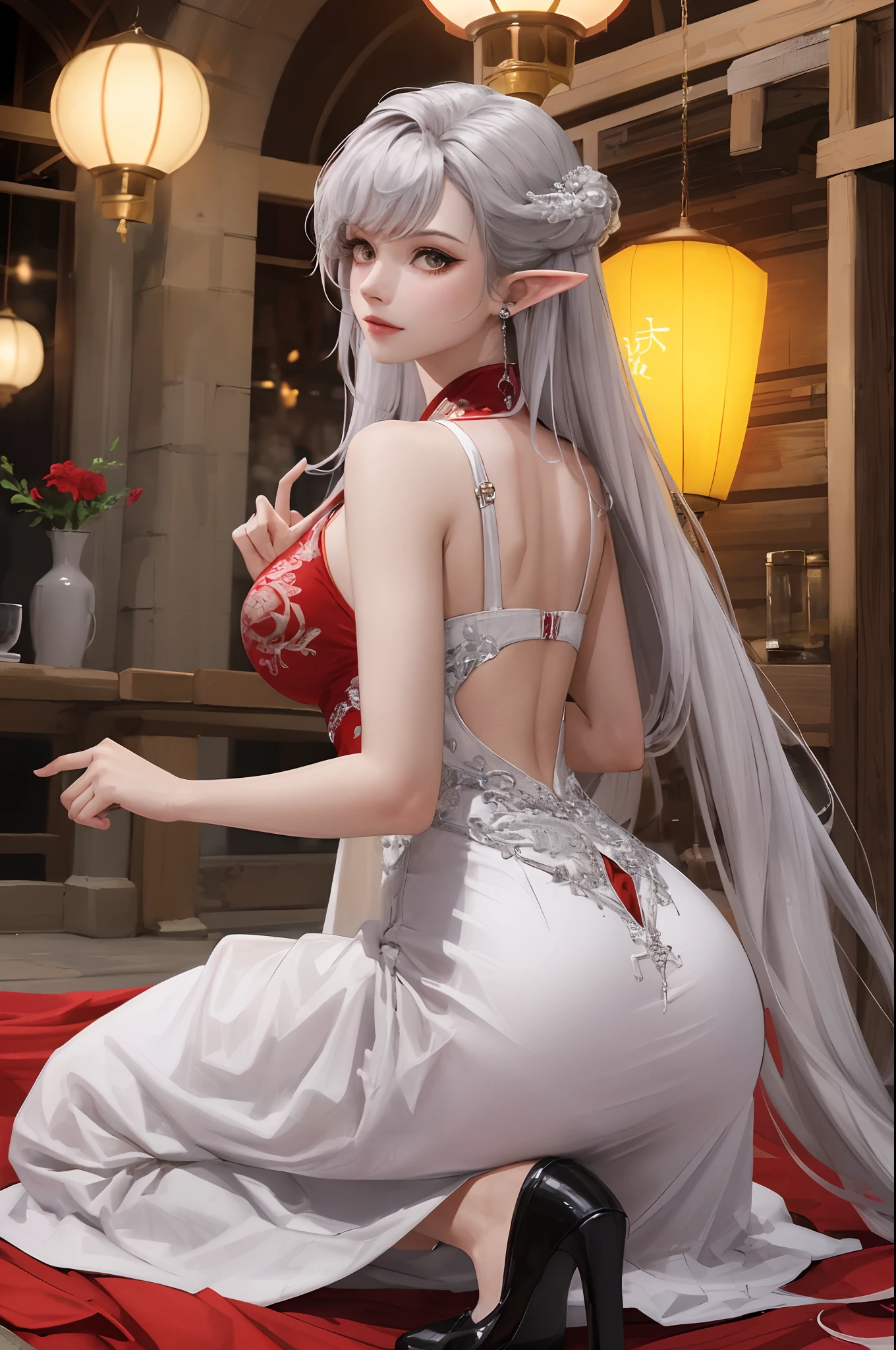 （White coat：1 silver-haired girl, Close up）， tmasterpiece， best qualtiy 32K HDR， RAW photography， realisticlying， the face， Incredibly Ridiculous res， Beautiful elf beauty， ear studs，(Kneeling pose,Point at you with your ass )(Long silver hair)， (Red wedding dress+)，Chinese silk long dress，(Red cloth shoes+，Embroidered cloth shoes+)，depth of fields， A high resolution 32K HDR， ultra - detailed， filigree， RAW is very detailed， very detailed eyes and faces， Sharp pupils， realistic pupil， tack sharp focus， real lighting，full body lesbian，Big boobs，long legs，From the front side，ancient Chinese town，Lanterns，Tanabata，Lights of all homes，A faint red glow，sexy poses