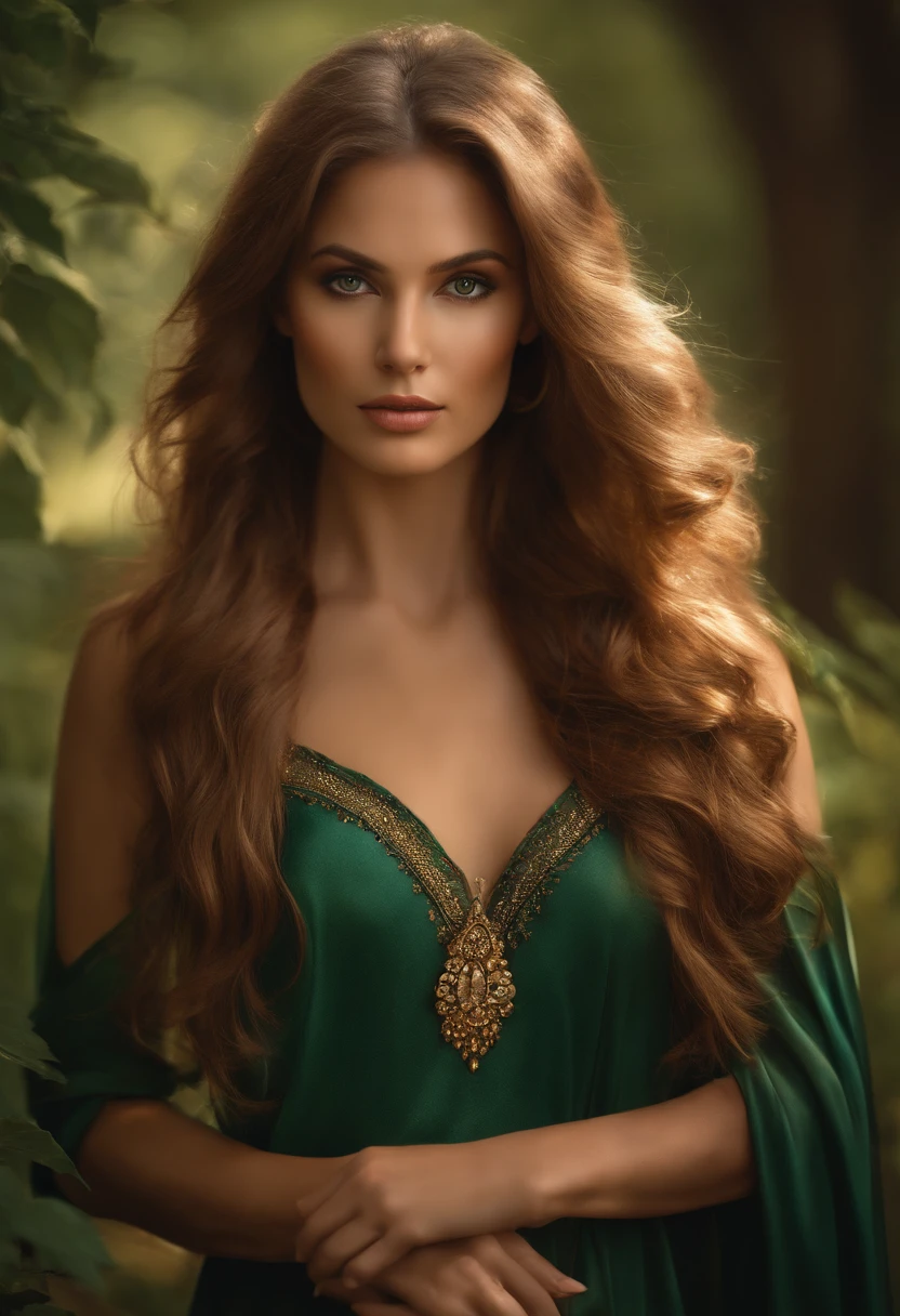 a woman with long hair and dark eyes is posing, in the style of light brown and dark bronze, light yellow and dark emerald, greg olsen, sleek lines, jay anacleto, light brown and amber, natalia drepina --ar 2:3