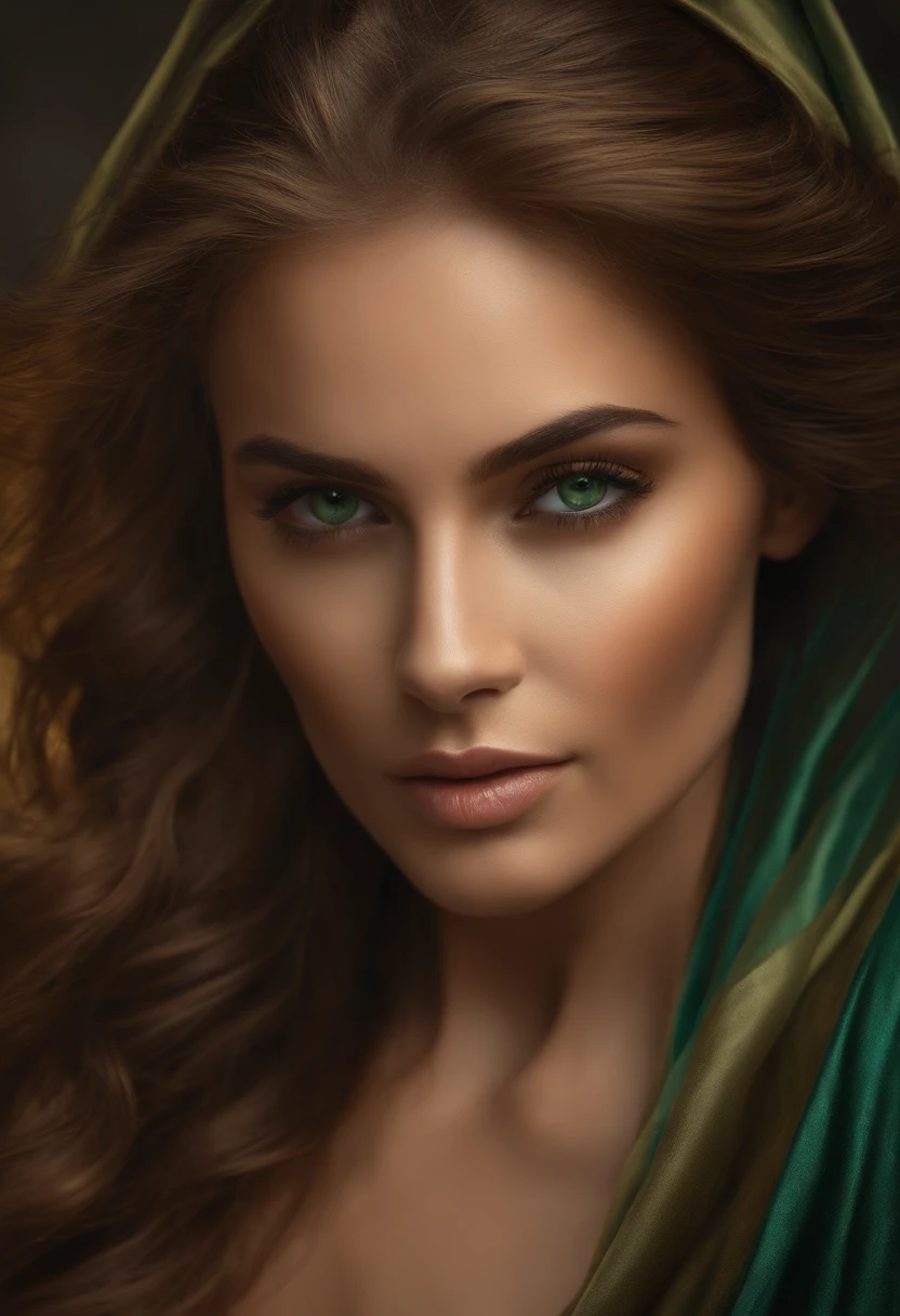 a woman with long hair and dark eyes is posing, in the style of light brown and dark bronze, light yellow and dark emerald, greg olsen, sleek lines, jay anacleto, light brown and amber, natalia drepina --ar 2:3