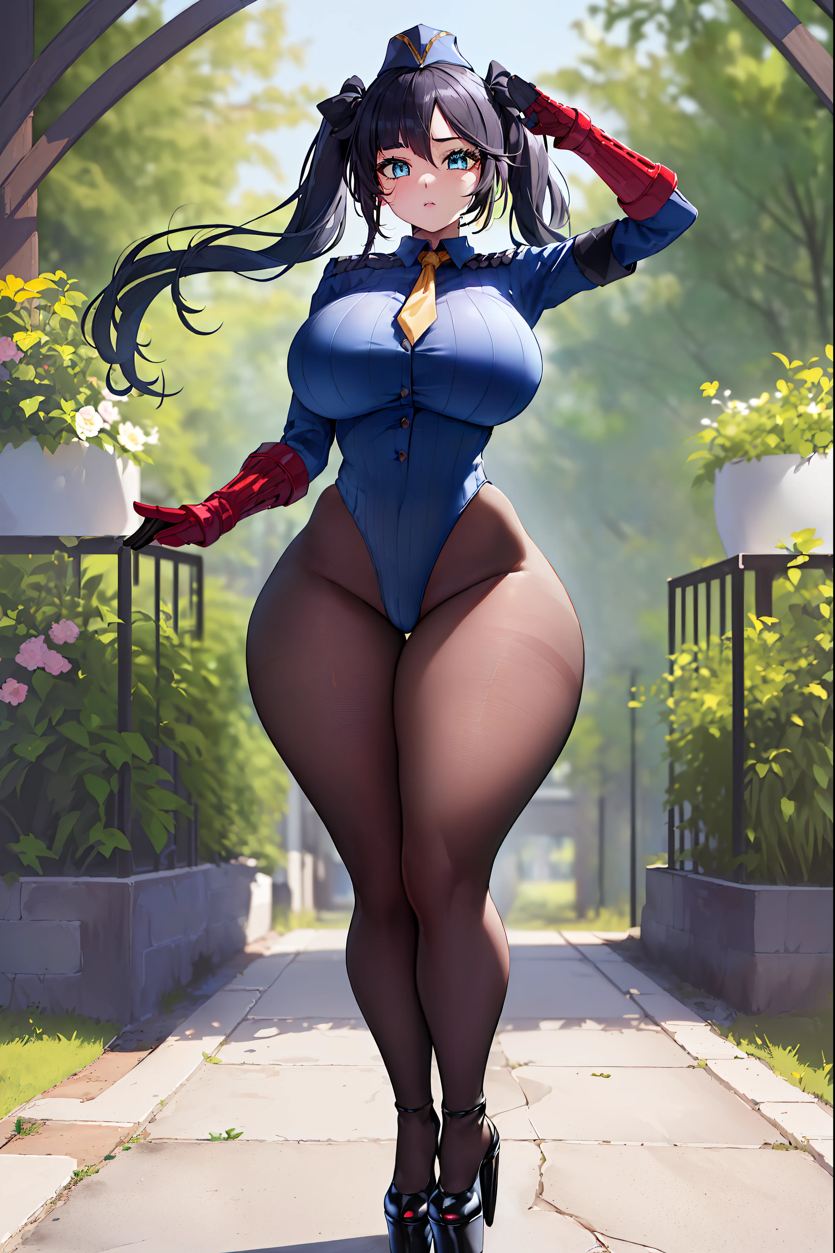 (Standing_at_attention:1.5),(saluting:1.5)
(black_dollsuit:1.4), (platform_heels:1.6), (pantyhose:1.4), (full body:1.4)
Black hair, blue eyes, Very Long Hair,hair_between_eyes,twintails,Yellow_hair_ribbon,
1 girl, 20yo,Young female,Beautiful Finger,Beautiful long legs,Beautiful body,Beautiful Nose,Beautiful character design, perfect eyes, perfect face,expressive eyes,
looking at viewer,(Upper_body),(Focus on her face),
official art,extremely detailed CG unity 8k wallpaper, perfect lighting,Colorful, Bright_Front_face_Lighting,shiny skin,
(masterpiece:1.0),(best_quality:1.0), ultra high res,4K,ultra-detailed,
photography, 8K, HDR, highres, absurdres:1.2, Kodak portra 400, film grain, blurry background, bokeh:1.2, lens flare, (vibrant_color:1.2)
(Beautiful,huge_Breasts:1.6), (beautiful, thick_thighs:1.6), (beautiful,wide_hips:1.5), (beautiful_face:1.5),(narrow_waist), (long_legs:1.4)