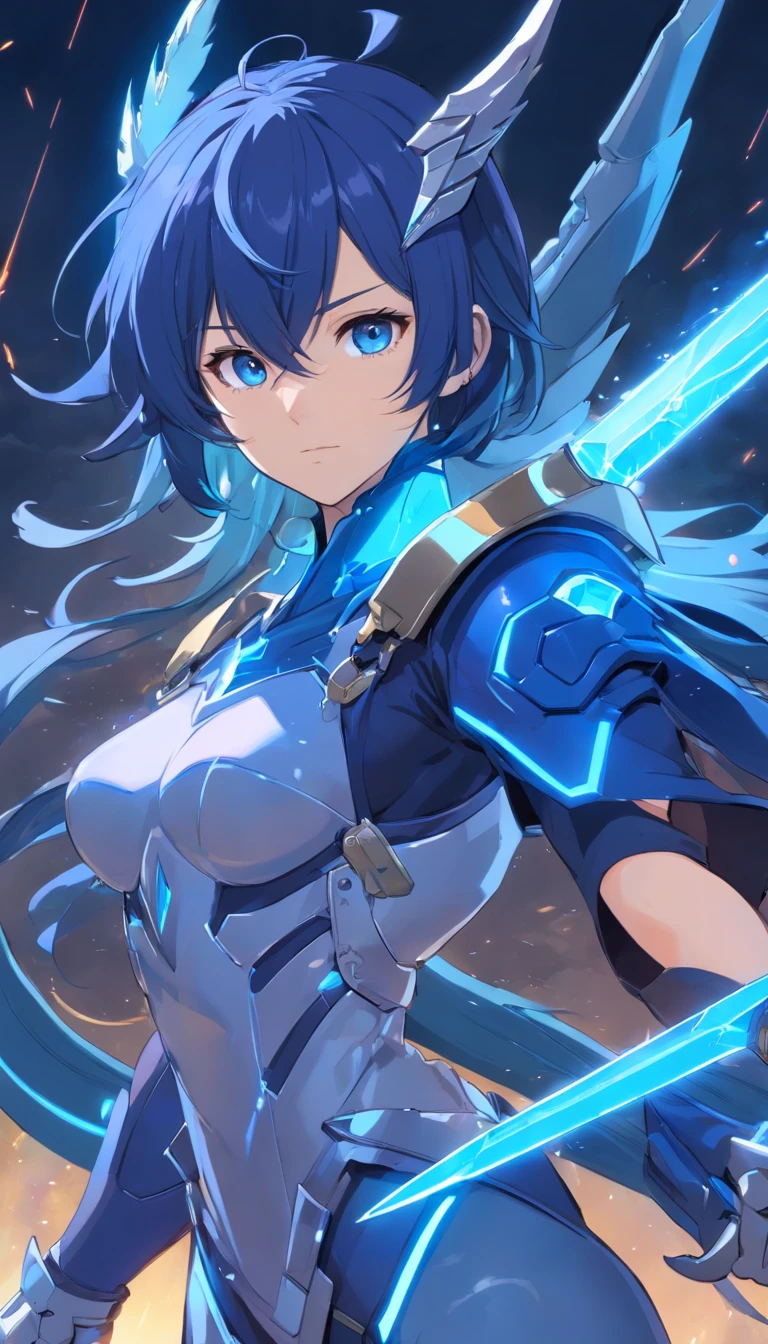 1male, fate go, gudao fusionado con la class card de melusine, con una armadura metaliza masculina azul, con patones azules neon en ciertos vordes, con un visor metalico, y unos propulsores que lo levantan con fuego azul., detalles elaborados, buena anatomia, con los brazos cruzados, cara seria, cabello blanco largo, Blue eyes diagonally like dragon, protectores metalizoa azules en las mejillas, un protector de rostro, armadura blanza con detalles en azul fluorescente, Metal gauntlets with daggers. cuerpo completo, en pose imponente, con un planeta destruido de fondo