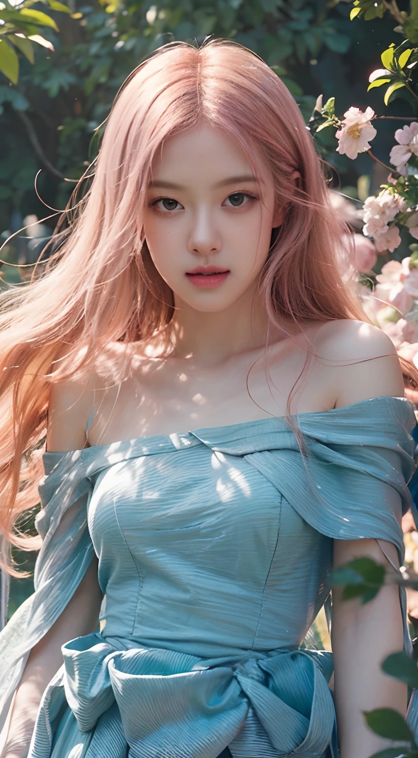 Rosé from blackpink, girl,hair blowing in the wind,flowing dress,beautiful detailed eyes, dreamy expression,soft sunlight,artistic portrait,photorealistic,bokeh,vivid colors,creative lighting,romantic atmosphere,floral elements,ethereal beauty,waist-length hair,peaceful and serene,enchanted garden,delicate features,pure and innocent,lush greenery,fantasy world,magical ambiance,impressionist painting style