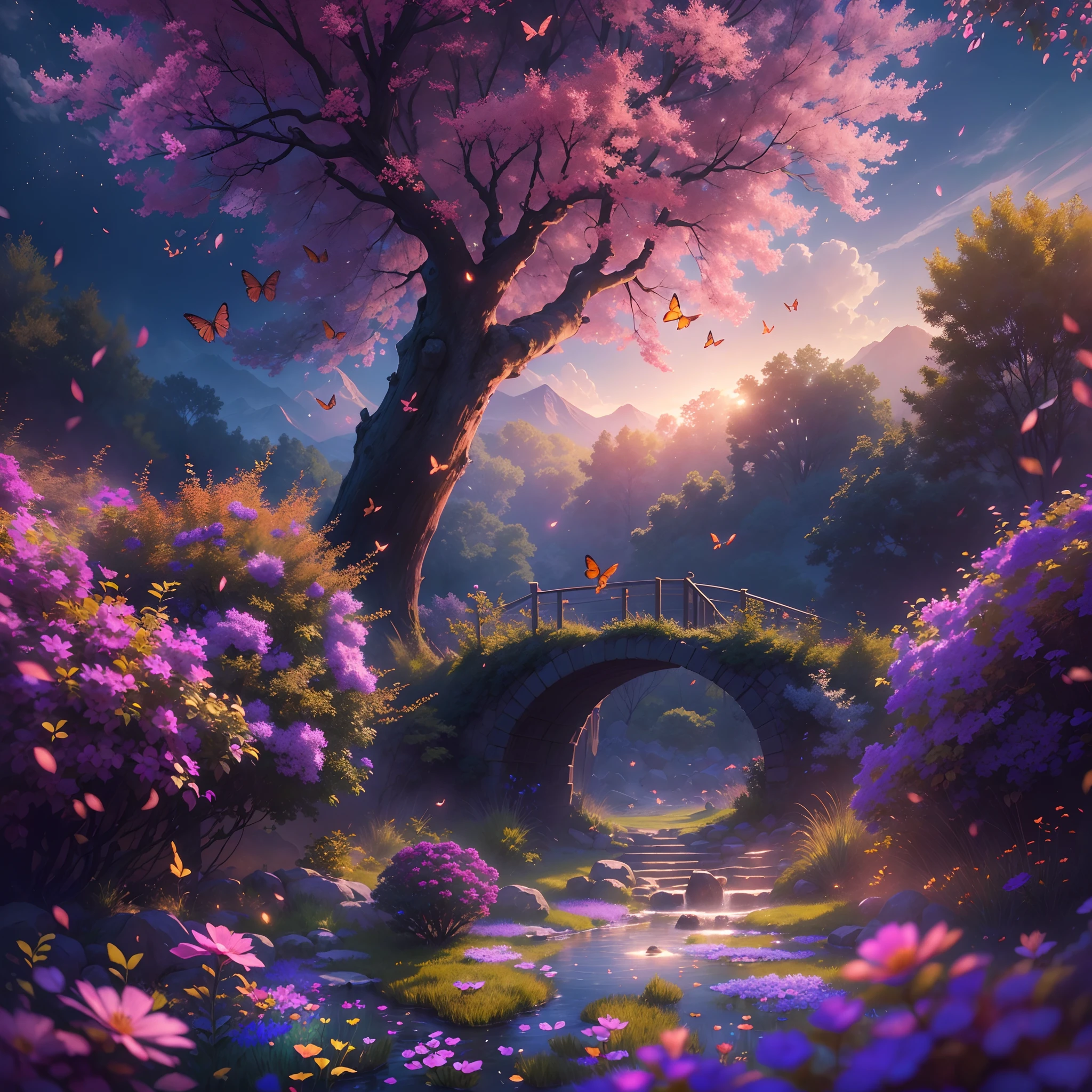 nigth，mont，Rose garden,Skysky，the space，starrysky,Skysky，galaxias，depth of fields，Light，Mist，the cherry trees，Reallightandshadow，painting-like,Ethereal atmosphere,Vibrant colors,cinematic compositions，dream magical，hoang lap，Particle effect，diffused reflections，waterfallr，Colorful flowers,Butterflies dancing,Dreamy and whimsical,Peaceful and charming,vibrant with colors,painting coming to life,Totally mesmerizing and fascinating,Simply breathtaking.(Best quality,4K,8K,A high resolution,Masterpiece:1.2),Ultra-detailed,(Realistic,Photorealistic,photo-realistic:1.37),