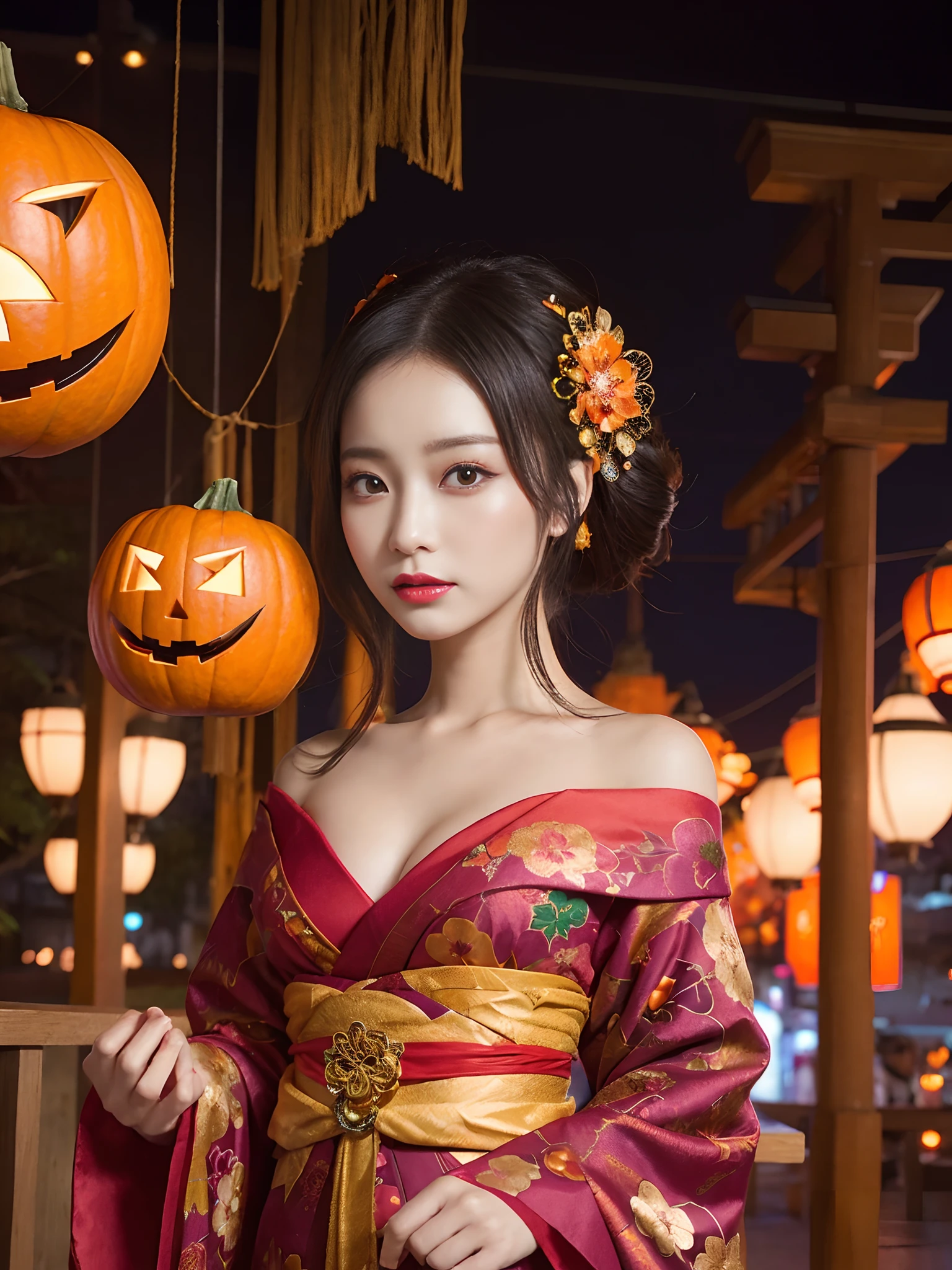 In a futuristic scene, Geisha in Japan with mechanical reinforcement、Elegant in elaborate gardens. She has beautifully detailed eyes and lips that complement her face. Geishas wear traditional kimonos with intricate patterns and designs. Night city and Halloween decorations around her. The scene is painted with a blend of illustration and photorealism, Ultra-detailed brush strokes and clarity, Vivid colors. Lighting emphasizes the elegant features of the geisha, Gives her porcelain skin a soft glow. Artwork is of the highest quality, 4K or 8K resolution, Showcase the intricate details of geisha attire, nightcity、Halloween. The overall color scheme is、It is a combination of traditional shades of Japan, Crimson, etc., blacks, and subtle gold accents, With a futuristic twist. The fusion of ancient traditions and modern technology is、Create captivating and visually striking masterpieces.Halloween、Halloween、pumpkins、Background Halloween、shoulders are exposed、Off-shoulder style、The chest is exposed