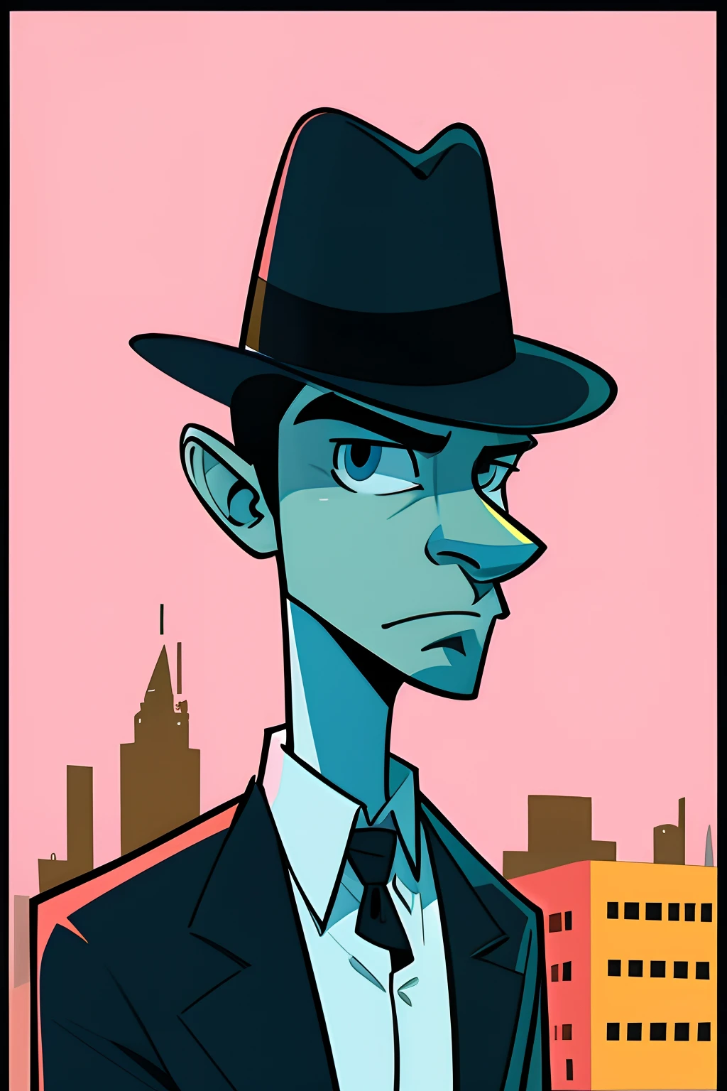 Illustration of a male pulp detective, looking into camera, caricature, sharp faced, private_investigator:1.2, wearing a fedora, line art drawing, 1960s cartoon, noir city background, UPA style cartoon:1.8, minimalist, abstract, pastels:1.6