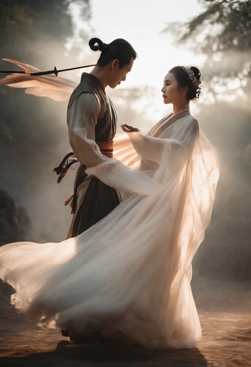 Man and woman in tulle hanfu, woman holding sword against man, black hair, short ponytail, onyx colored eyeballs, texture detail, glowing skin, sun, spinning feather sword, motion blur background, backlight, 8k, super detail, masterpiece, best quality