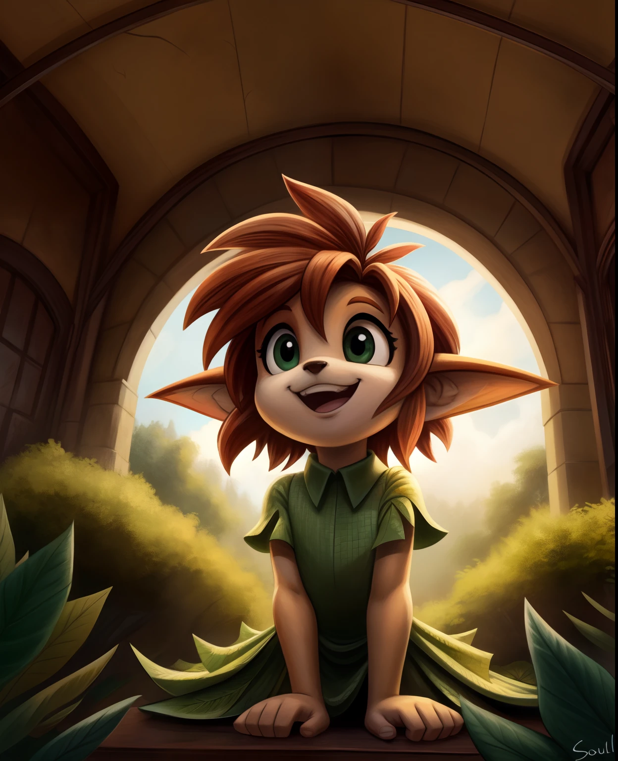 by soulcentinel,,, elora furry, detailed and extremely fluffy body fur, fluff, masterpiece, looking up beautiful surroundings, detailed background, happy, leaf-dress