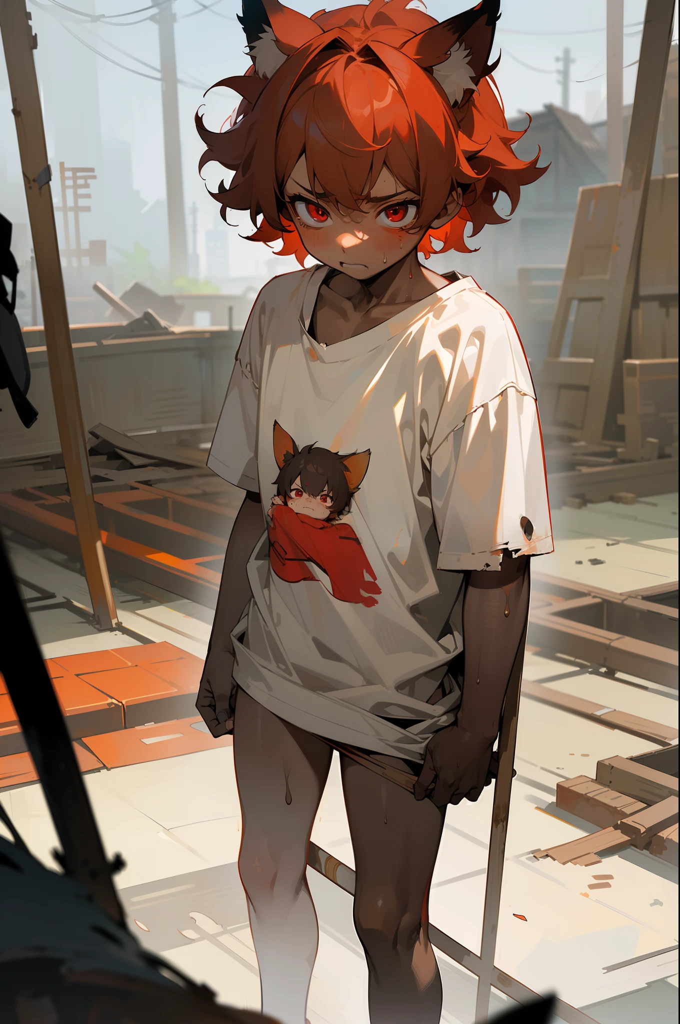 ((Masterpiece)),1little boy,brown skin,4years old, (Cute beautiful boy, beautiful red eyes)、details of Very messy medium hair、((dirty and very torn white-shirt))、angry face, sweaty、fox ears, Pale red hair, ((standing with legs spread wide, asian Slum townscape)),cowboy shot