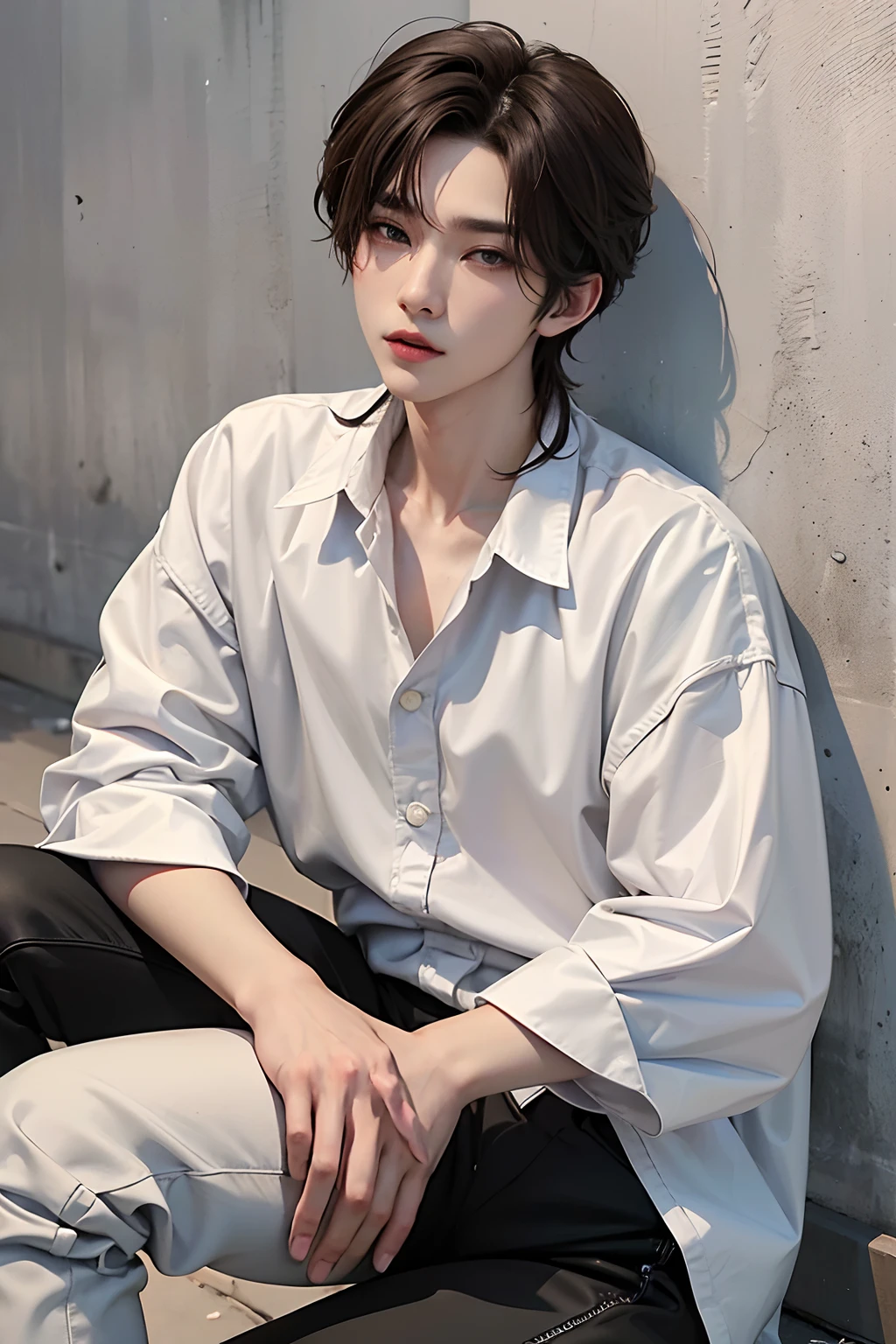 masterpiece、(top-quality)、((high-level image quality))、One Manly Boy、Slim body、((White Y-shirt and long black pants))、(Detailed beautiful eyes)、September Night Road、Sitting on the curb and leaning against the wall、Face similar to Chaewon in Ruseraphim、((short hair above the ears))、((Smaller face))、((Neutral face))、((Light brown eyes))、((Korean boy))、((18year old))、((Handsome man))、((Wild look))、((Korean Makeup))、((elongated and sharp eyes))、((Sit next to the viewer))、((shot from a side angle))、((The upper part of the body))、((Close-range shooting))
