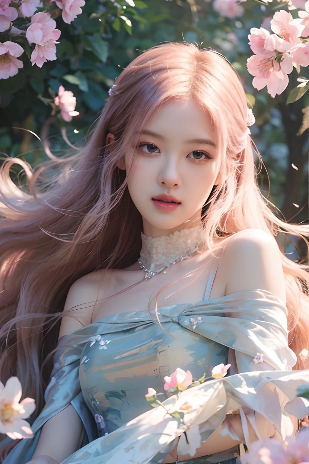 Rosé from blackpink, girl,hair blowing in the wind,flowing dress,beautiful detailed eyes, dreamy expression,soft sunlight,artistic portrait,photorealistic,bokeh,vivid colors,creative lighting,romantic atmosphere,floral elements,ethereal beauty,waist-length hair,peaceful and serene,enchanted garden,delicate features,pure and innocent,lush greenery,fantasy world,magical ambiance,impressionist painting style