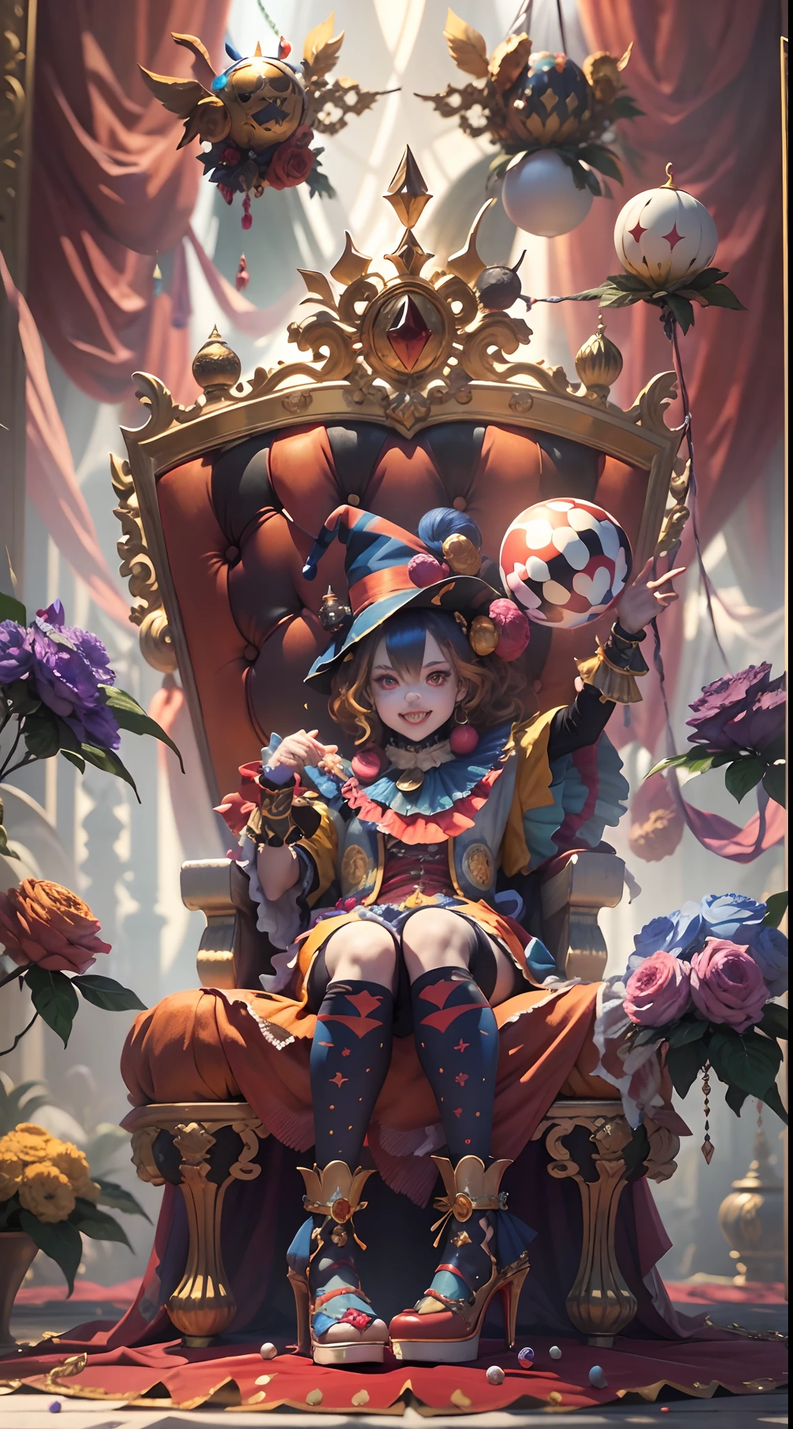 Crazy clown emperor，sitting on golden throne, clown girl，Jester cap,Clown costume, mitts,Vibrant colors, burst into laughter, dark gold hair,Cute,Wavy hair, hair-bun,high-heels。 (It's all blood)，Circus props, spooky ambiance, haunted background。style of surrealism, painting-like,Sharp contrast,ominous lighting,hdr,hyper HD,Studio lighting,Ultra-fine painting,Sharp focus,Physically-based rendering,Extreme detail description,professional,((Horror)).