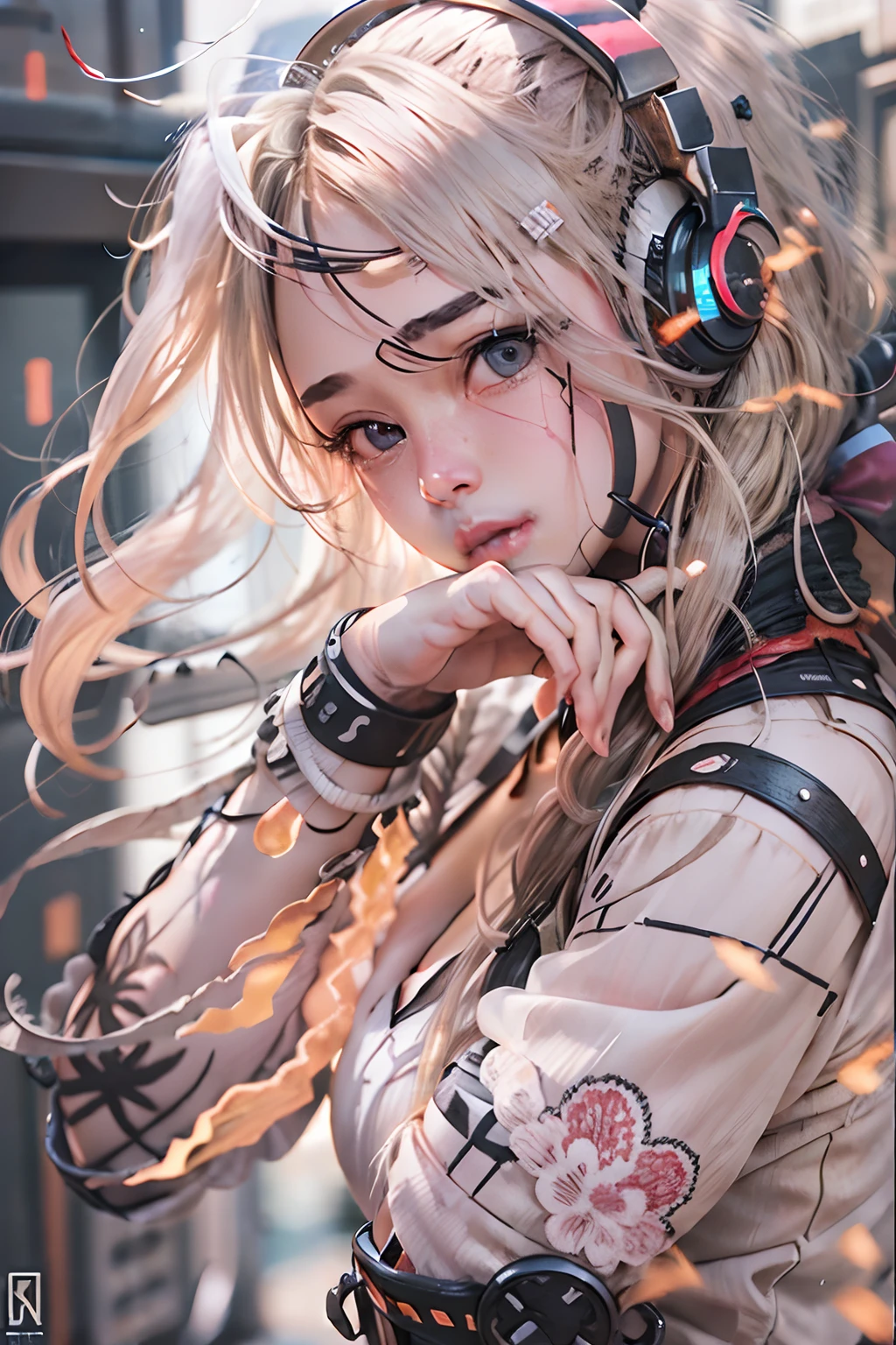 masterpiece, 1 beautiful girl, Detailed eye, Swollen eyes, top-quality, 超A high resolution, (reality: 1.4), 电影灯光, japanes, a asian beauty, very extremely beautiful, lovely、Beautiful skins, A slender, Forward-facing body, (A hyper-realistic), (hight resolution), (8K), (ighly detailed), ( Best Illustration), (beautifully detailed eyes), (ultra-detailliert), 详细的脸, Bright lighting, Professional Lighting、The background is a cyberpunk room with many monitors..................、The cord is connected from the costume、Long Hair Color Pink、headset on head、small tattoo on face、nffsw、gazing at viewer