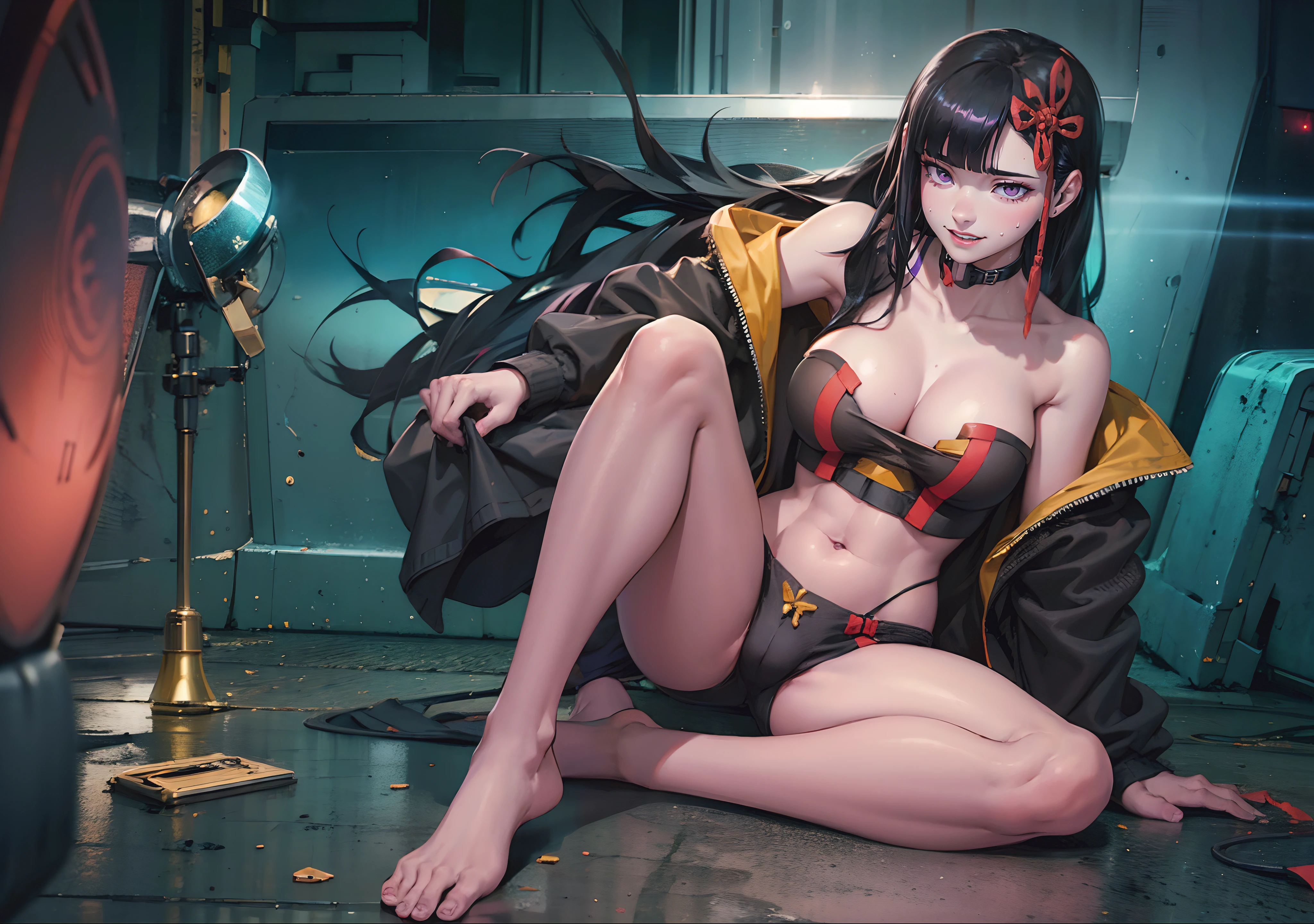 (black hair, long hair:1.7), purple eyes, hair ornament, excessive pubic hair, nsfw art, 1girl, breasts, solo, jacket, navel, cleavage, large_breasts, looking_at_viewer, barefoot, strapless, sitting, feet, bare_shoulders, collarbone, glow effects, godrays, Hand drawn, render, 8k, octane render, cinema 4d, blender, dark, atmospheric 4k ultra detailed, cinematic, Sharp focus, big depth of field, Masterpiece, colors, 3d octane render, 4k, concept art, trending on artstation, hyperrealistic, Vivid colors, extremely detailed CG unity 8k wallpaper, trending on CGSociety, Intricate, High Detail, dramatic,