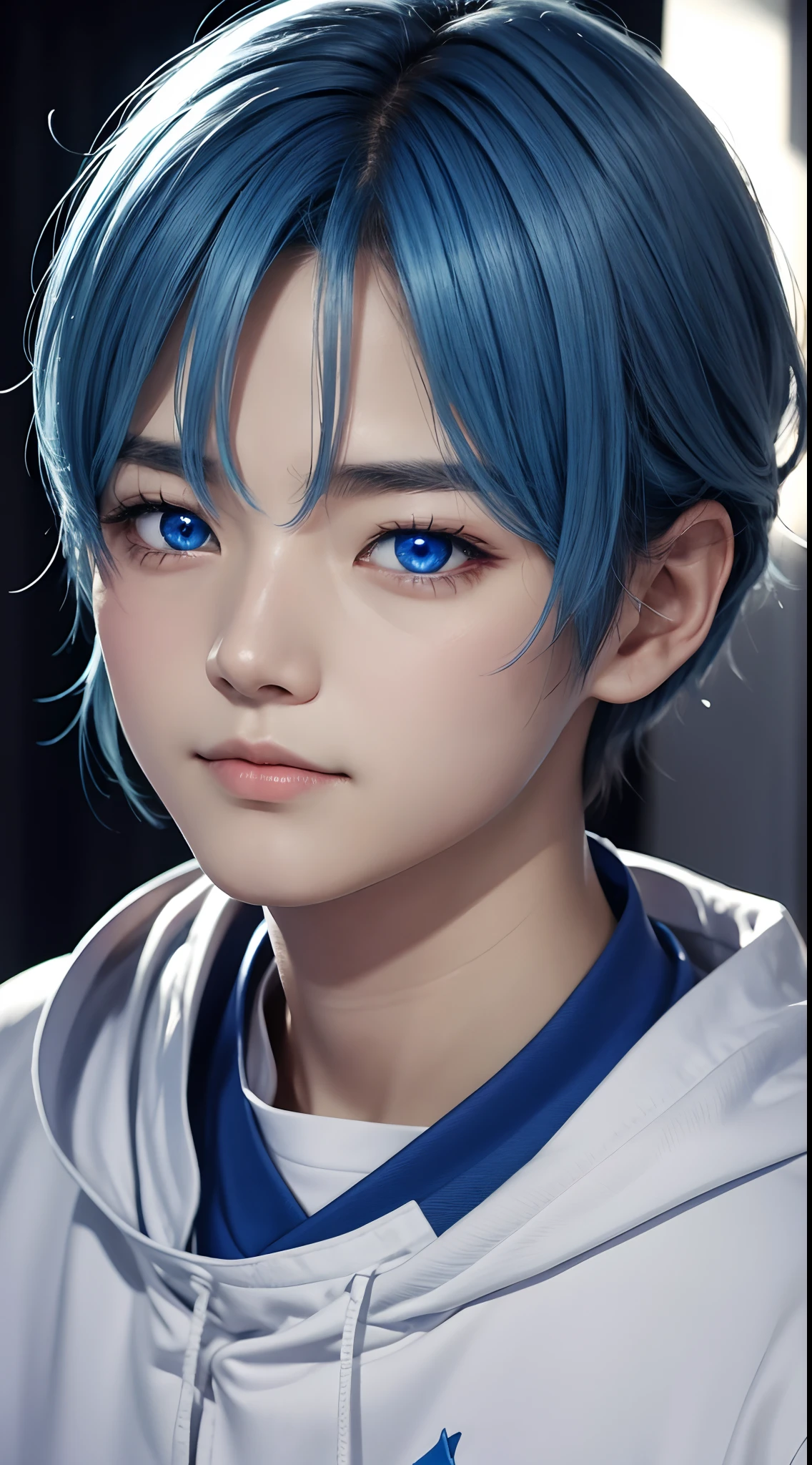 His eyes are shining blue。