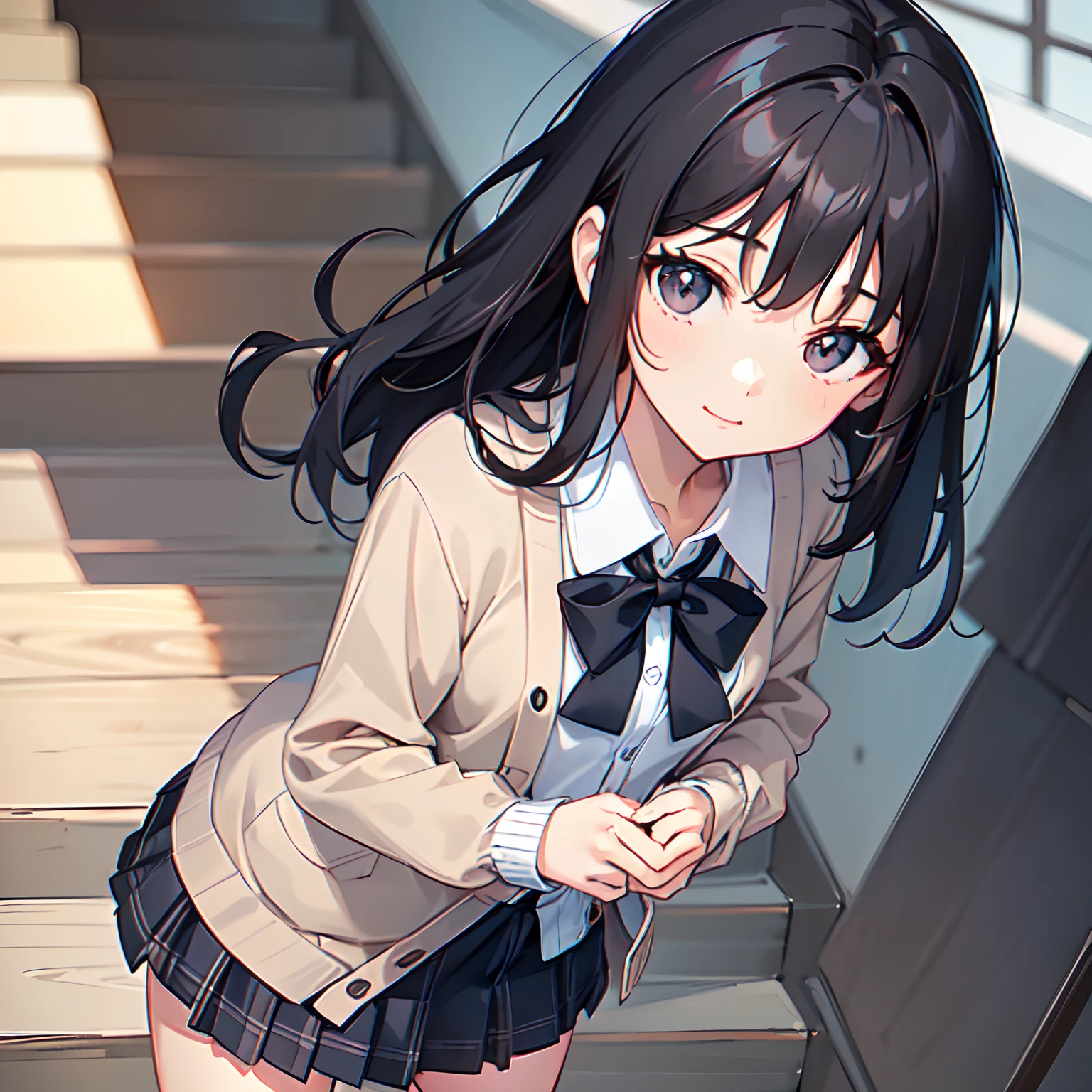 Super delicate and cute girl with black hair、1 persons、a 、14years、8K Ultra High Defition、Delicate texture、 Medium Hair、flat chest、(((Plaid mini skirt)))、(((Wearing a cardigan over a collared shirt)))、high socks、Plain clothe、Smiling、AS-Adult、((Climb the stairs))、(((Rear view)))