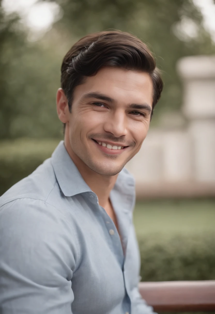 (Masterpiece:1.5, Best quality:1.2, Low quality:0.9), Granular realist photography of the 60s, Handsome man smiles, bench, Black hair, No beard