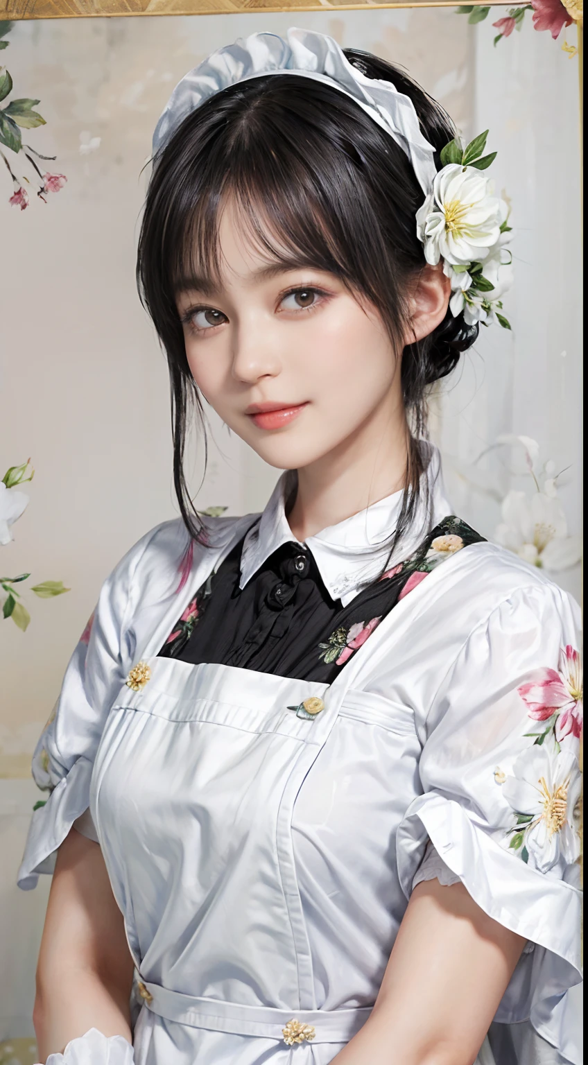 03
(Black Shorthair:1.3), (a 20 yo woman), (A hyper-realistic), (masutepiece), (8KUHD), Beautiful woman, A smile, (Wearing white maid clothes:1.3), (Floral Maid Clothing:1.2)