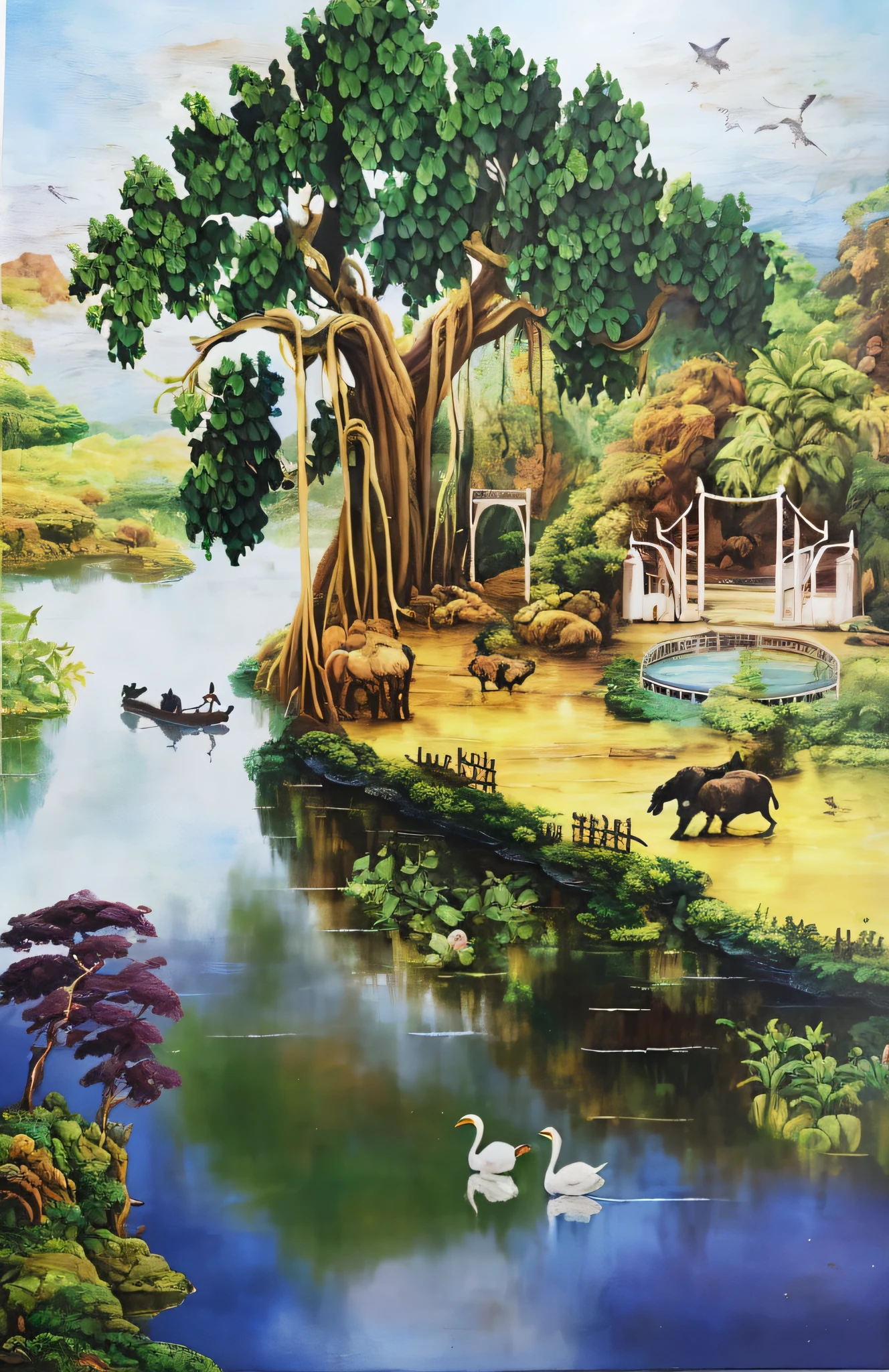 painting of a river with animals and a tree in the background, scenery art detailed, scenery artwork, a beautiful artwork illustration, nature painting, detailed scenic view, fantasy scene, mysterious jungle painting, made of tree and fantasy valley, peaceful environment, jungle scene, vibrant gouache painting scenery, beautiful detailed scene, peaceful scene, . background: jungle river, beautiful oil matte painting