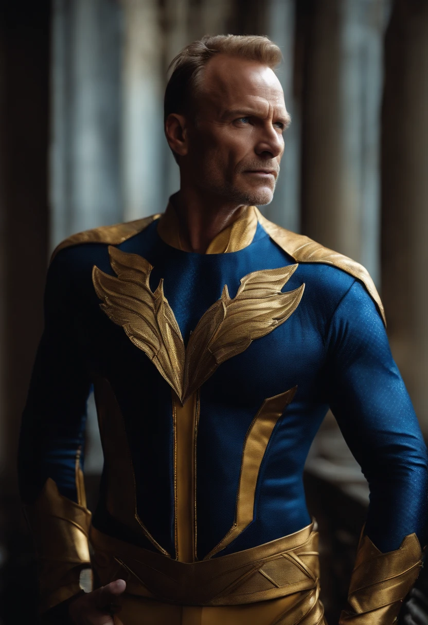 Male Super hero, sting theme, deep blue and gold suit color