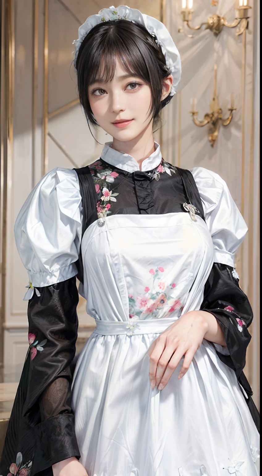 03
(Black Shorthair:1.3), (a 20 yo woman), (A hyper-realistic), (masutepiece), (8KUHD), Beautiful woman, A smile, (Wearing white maid clothes:1.3), (Floral Maid Clothing:1.2)