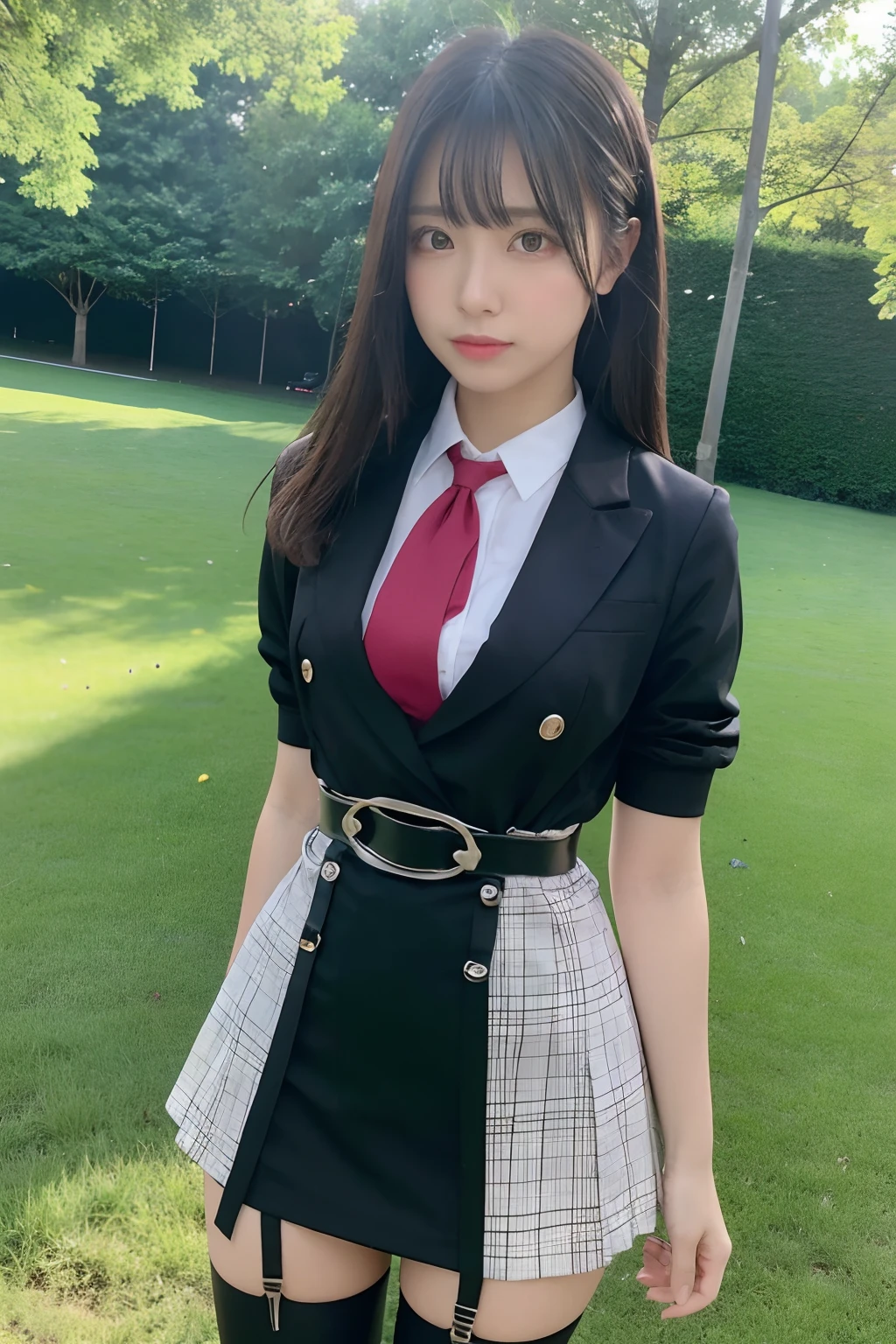 masterpiece、top-quality、The ultra -The high-definition、、colourfull、flat-colors、depth of fields、lens flare 1 girl、、A dark-haired、watching at viewers suits Cutter shirt a belt suspenders working adults materia OL Black Suit Black jacket glares huge-breasted a miniskirt garterbelts knee high stockings Black Niso
