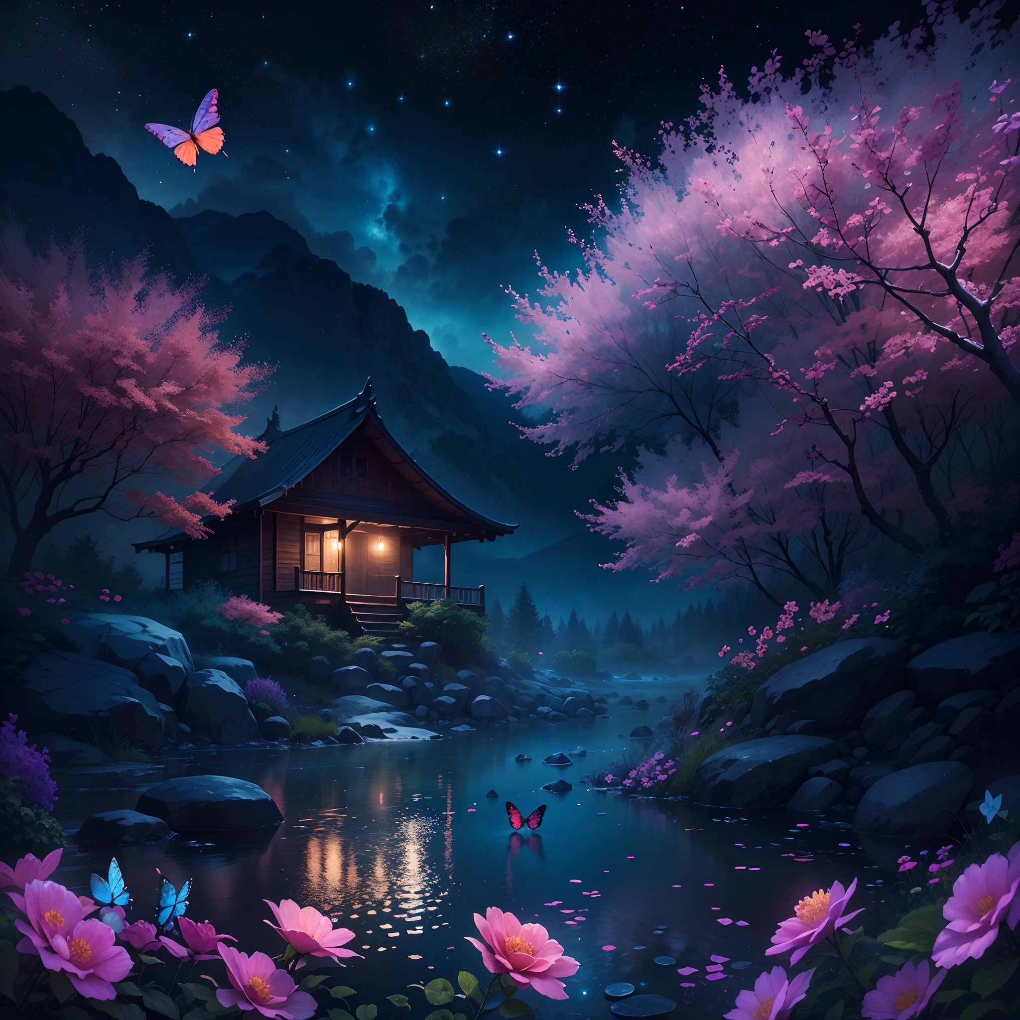 nigth，mont，Rose garden,wooden cabin,Skysky，the space，starrysky,galaxias，(depth of fields)，Light，Mist，the cherry trees，Reallightandshadow，painting-like,Ethereal atmosphere,Vibrant colors,cinematic compositions，dream magical，hoang lap，Particle effect，diffused reflections，waterfallr，Colorful flowers,Butterflies dancing,Dreamy and whimsical,Peaceful and charming,vibrant with colors,painting coming to life,Totally mesmerizing and fascinating,Simply breathtaking.(Best quality,4K,8K,A high resolution,Masterpiece:1.2),Ultra-detailed,(Realistic,Photorealistic,photo-realistic:1.37),