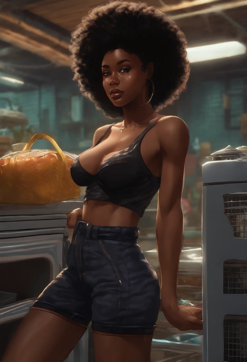 African girl , (black Afro), 80's anime style, (semi big chest chest), thighs, hips, small waist, park bench, biker shorts, in basement washing clothes, in bra with messy food particles on boobs basement server background.