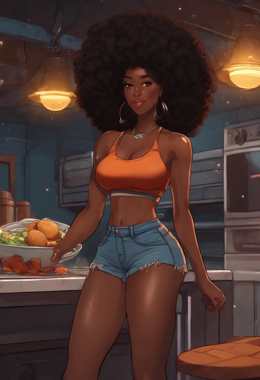 African girl , (black Afro), 80's anime style, (semi big chest chest), thighs, hips, small waist, park bench, biker shorts, in basement washing clothes, in bra with messy food particles on boobs basement server background.