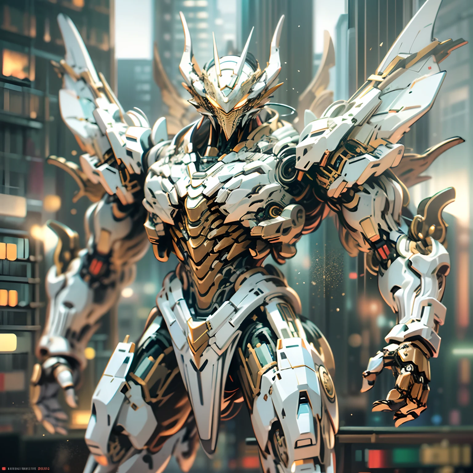 (realisitic:1.5), (Photorealsitic:1.2), detaileds, rendered, epic poem, 1 Mecha Dragon、Biomechanical dragon, Electromechanical、Bahamut、Legendary Dragon、helmets, white plastic, diffuse lighting, dynamicposes, Convoluted, elegent, (dynamic background), ighly detailed, elegent, foco nítido, Photo by Greg Rutkowski, Soft lighting, vivd colour, Ivory Gold AI (Over big city in the evening、fullllbody:1.2)