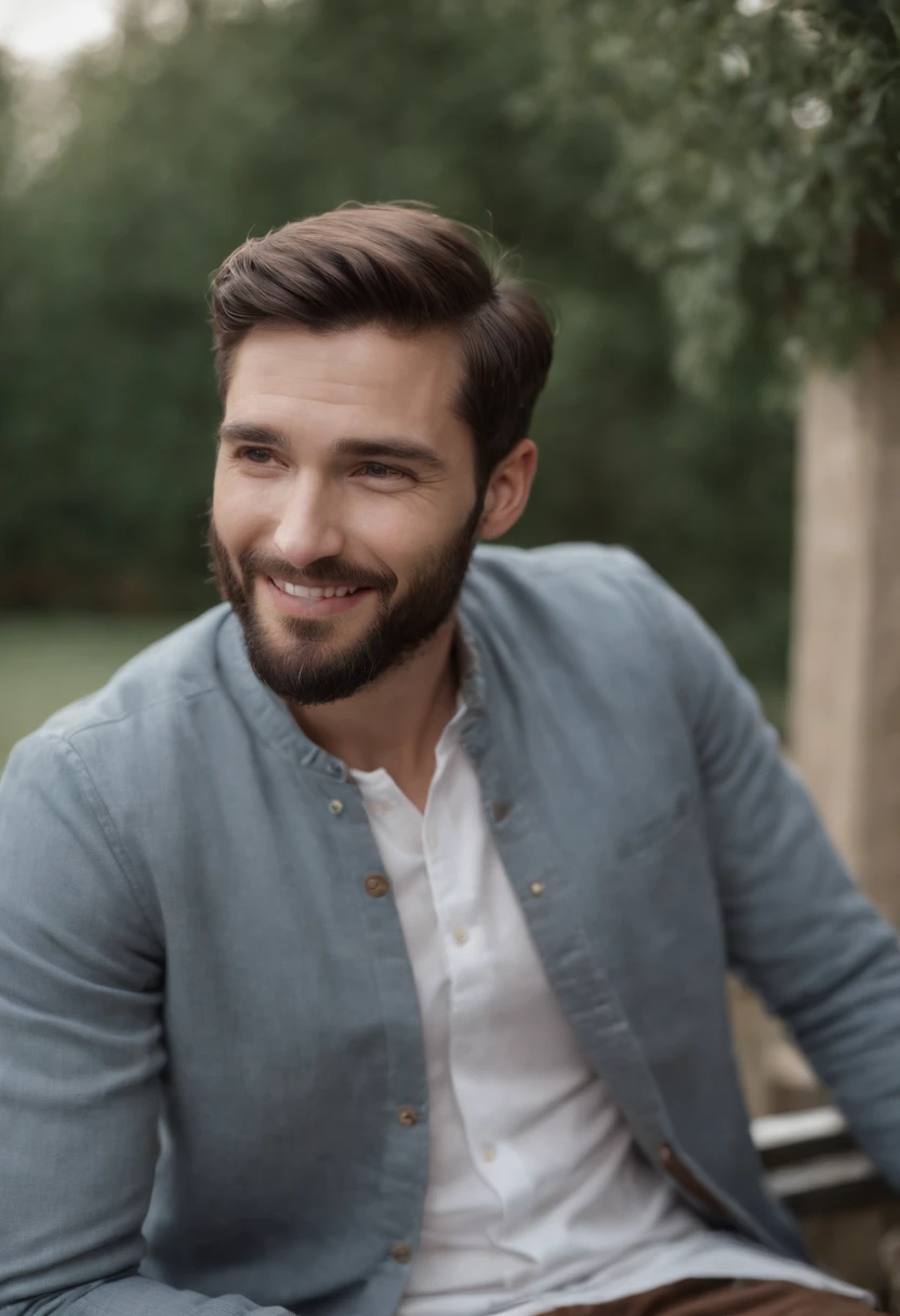 (Masterpiece:1.5, Best quality:1.2, Low quality:0.9), Granular realist photography of the 60s, Handsome(American man)ssmile, bench, Black hair, Long beard sits on a stool