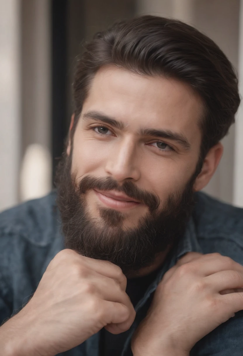 (Masterpiece:1.5, Best quality:1.2, Low quality:0.9), Granular realist photography of the 60s, Handsome（American man）ssmile, bench, Black hair, Long beard sits on a stool