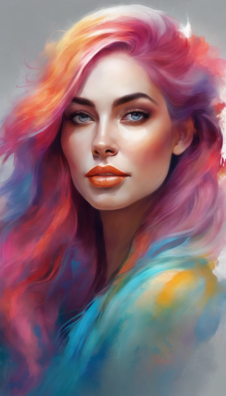 A woman with blue hair and colorful hair is posing for a photo, colorful digital painting, vibrant digital painting, Digital painting style, rossdraws pastel vibrant, Realistic digital art 4K, Realistic digital art 4 K, stunning art style, gorgeous digital art, digital painting art, Gorgeous digital painting, beautiful digital art, unearthly art style, Detailed painting 4 K mujer hermosa