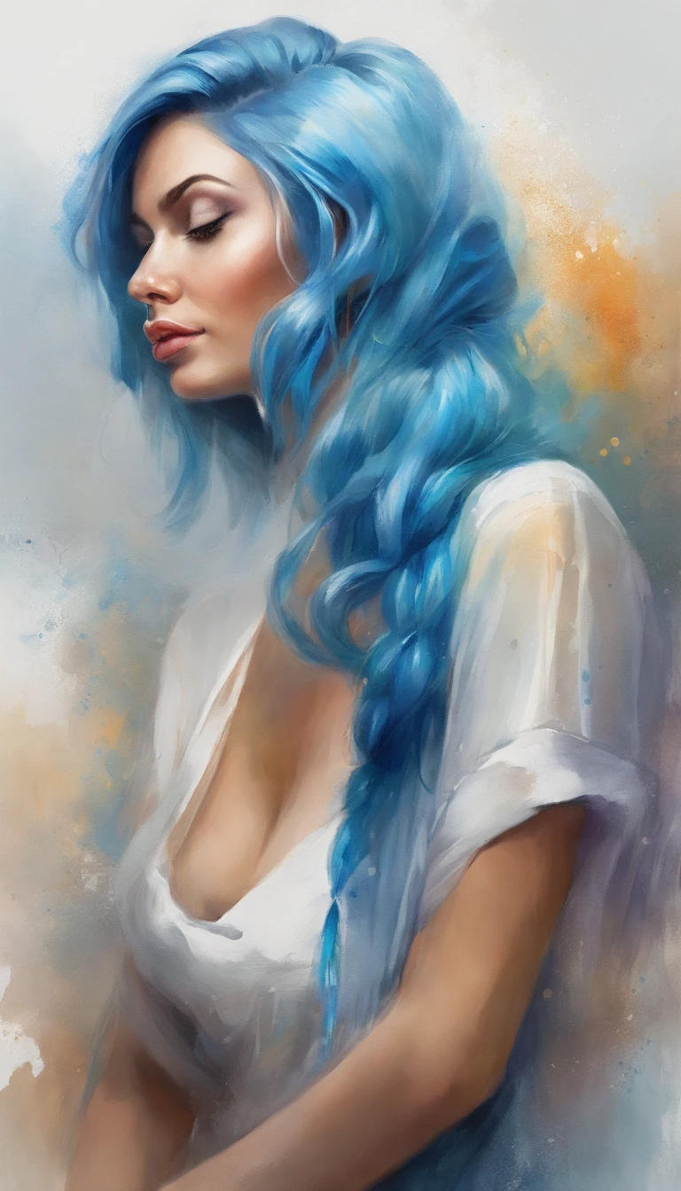 A woman with blue hair and colorful hair is posing for a photo, colorful digital painting, vibrant digital painting, Digital painting style, rossdraws pastel vibrant, Realistic digital art 4K, Realistic digital art 4 K, stunning art style, gorgeous digital art, digital painting art, Gorgeous digital painting, beautiful digital art, unearthly art style, Detailed painting 4 K mujer hermosa
