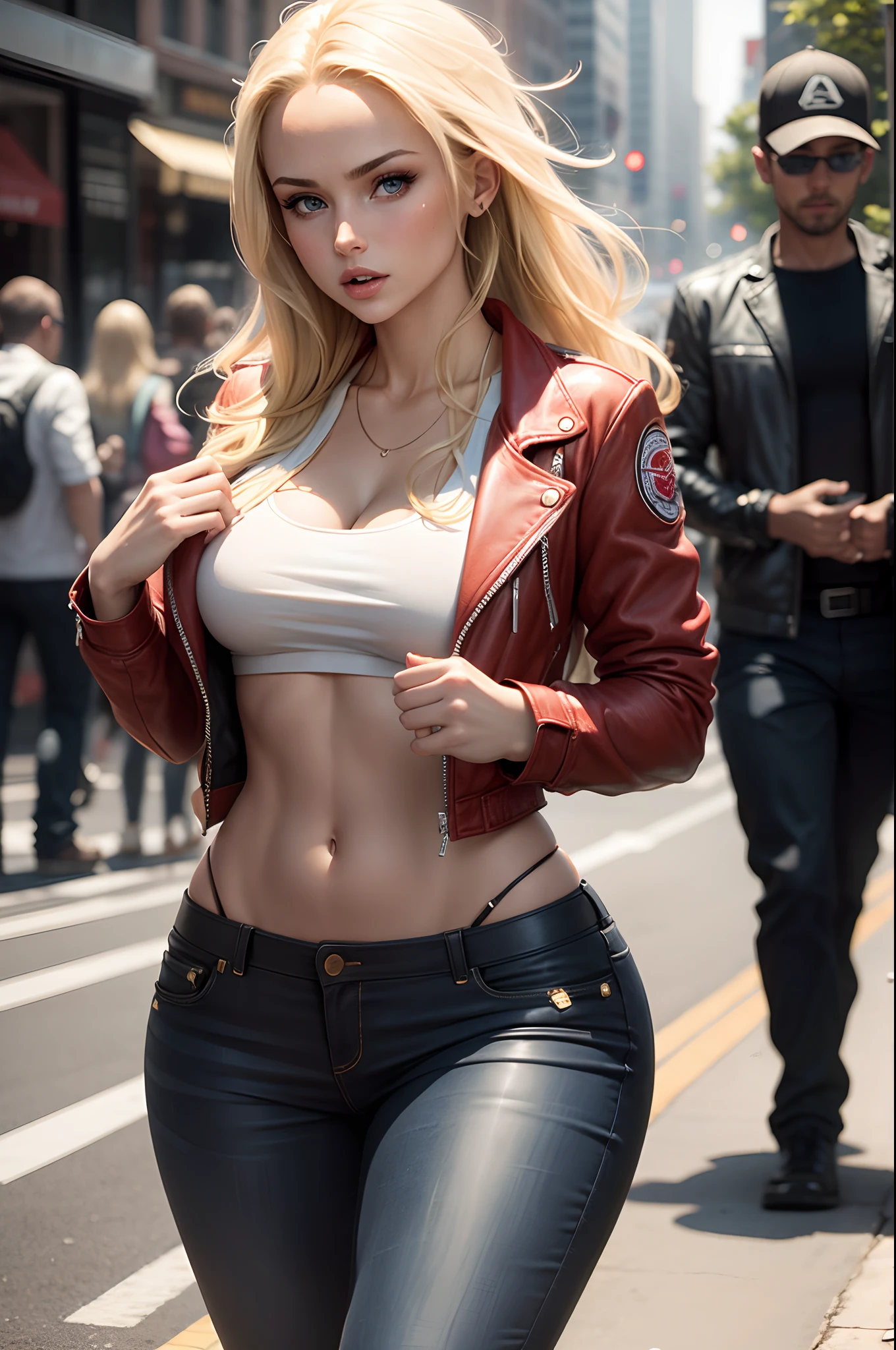 (best quality, 8k, highres, photorealistic:2.0), (solo, one girl:2.0),(lighting:front),(lighting: strong),(Photographed in the downtown area:2.0),(american beauty:2.0),(elderly woman:2.0),(women is very muscular:2.0),(shiny skin:1.5),(oily skin:1.5),(platinum blonde hair color:1.5),(ultimate beautiful women),(very elegant woman:1.3),(cool beauty woman:1.5),(Wearing tiny sexy panties:1.6),(wearing T-front panties:1.5),(sexy lingerie),((jacket zip full open)),(navel is visible),(abdomen is visible),(waist is visible),Blush brown makeup , dark eye makeup ,pink lipstick,(big beady eyes girl:1.7),(intense sex appeal:1.5),(expensive necklace),(I derive pleasure from being naked outdoors.),(get pleasure from being seen by someone),(Feeling ashamed of being seen naked outdoors),(She is forced to walk outdoors in her underwear),(she has a masochistic personality:1.5),(she wants to rape the viewer:1.5),(she is always thinking about sex),(tremendous sex appeal),(My nipples are severely erect)