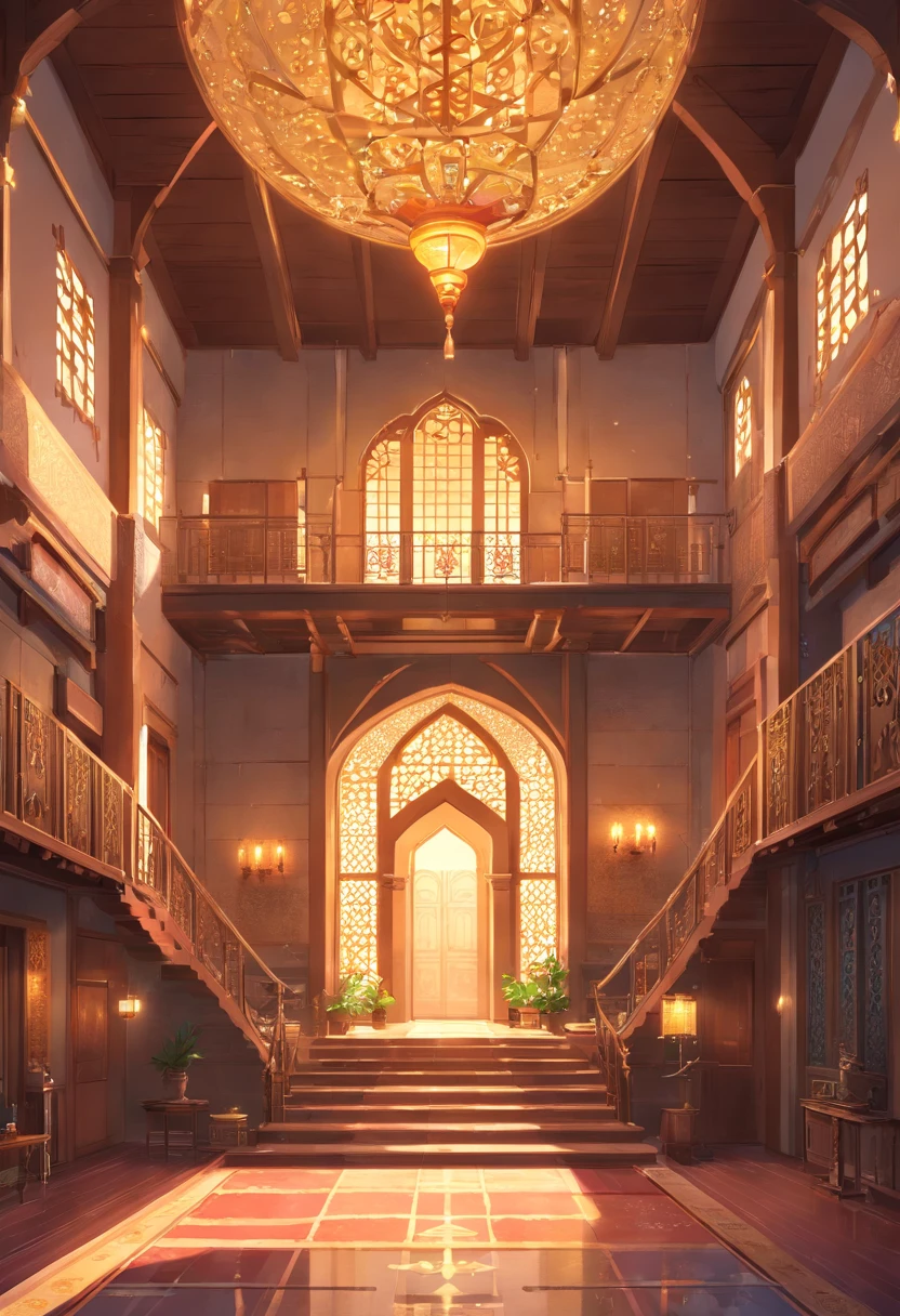 interior view of a mansion in 16th century Arabia, either Basra or Ormuz, very luxurious, building structure like a harem or mosque, building structure with elements of a turkish harem or mosque, orientalism, inside a mansion, interior, rich, grand, stairs, Muslim style, Islamic, elegant, House of Vizier, House of Emir, 16th century, medieval, no people, no word, no wordings, no signature