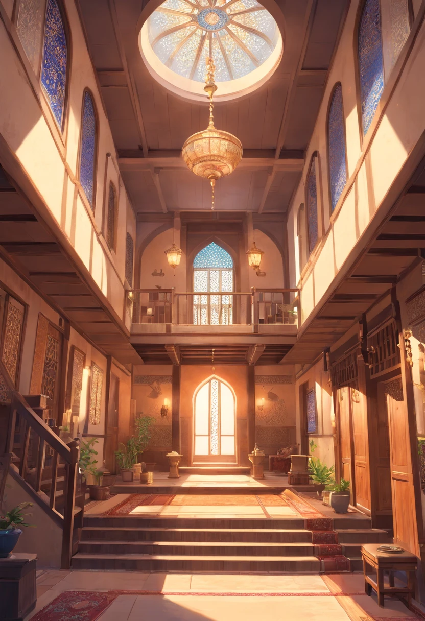 interior view of a mansion in 16th century Arabia, either Basra or Ormuz, very luxurious, building structure like a harem or mosque, building structure with elements of a turkish harem or mosque, orientalism, inside a mansion, interior, rich, grand, stairs, Muslim style, Islamic, elegant, House of Vizier, House of Emir, 16th century, medieval, no people, no word, no wordings, no signature