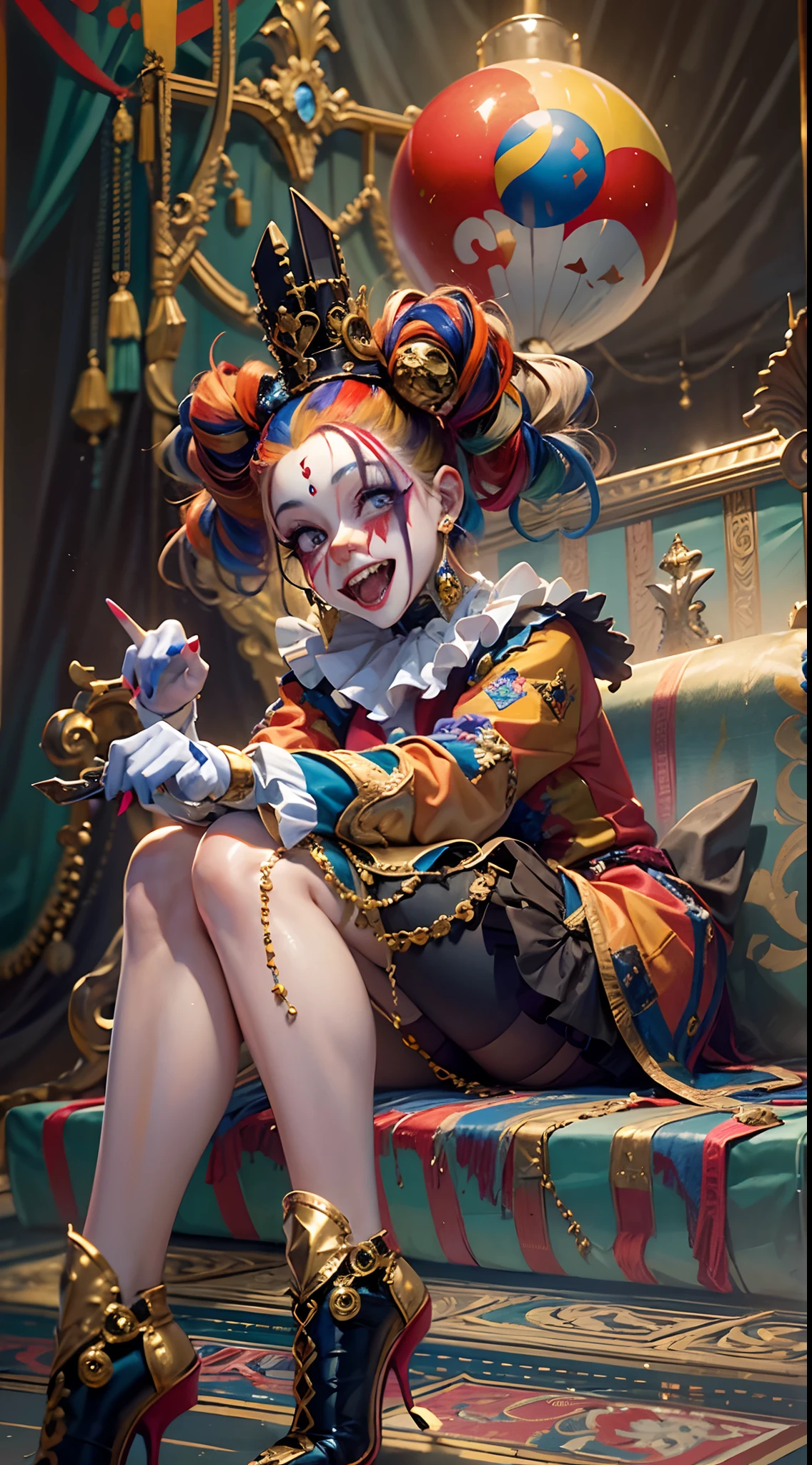 Crazy Clown Queen，sitting on golden throne,Jester cap,Clown costume, mitts,Vibrant colors, burst into laughter, dark gold hair,Cute,Horror,Wavy hair, hair-bun,high-heels。 (It's all blood)，Circus props, spooky ambiance, haunted background。style of surrealism, Sharp contrast,ominous lighting,hdr,hyper HD,Studio lighting,painting-like,Ultra-fine painting,Sharp focus,Physically-based rendering,Extreme detail description,professional,((Horror)).