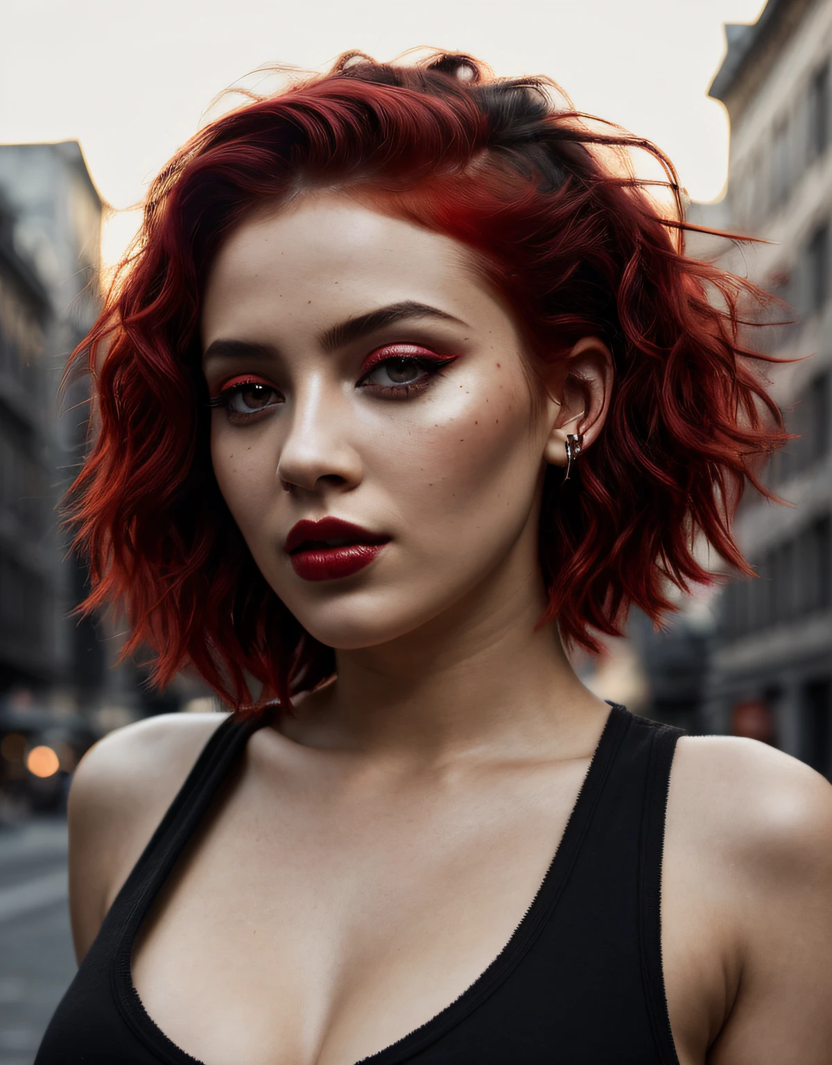 beautiful girl, short bright red disheveled hair, black eyeshadow, (street style wear:1.2), (city background:1.2), dark makeup, digital art, trending on artstation, highly detailed, fine detail, intricate, beautiful detailed glow, detailed, Cinematic light, highres, detailed facial features, sharp focus, smooth, aesthetic, perky breasts, bum, legs